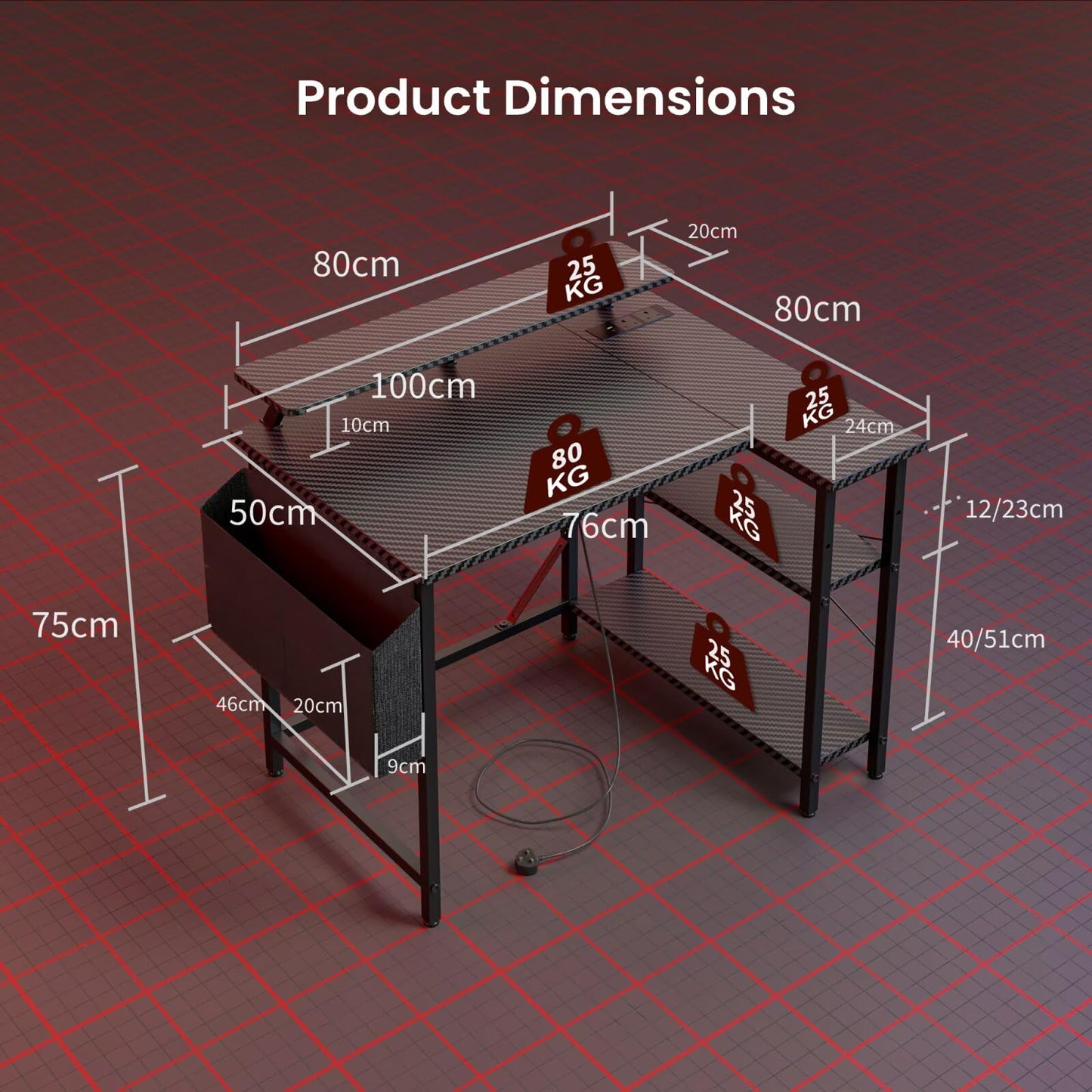 DOMSHOCT L Shaped Gaming Desk with LED Lights & Power Outlets, 100 * 80cm Small Corner Computer Table with Storage Bag