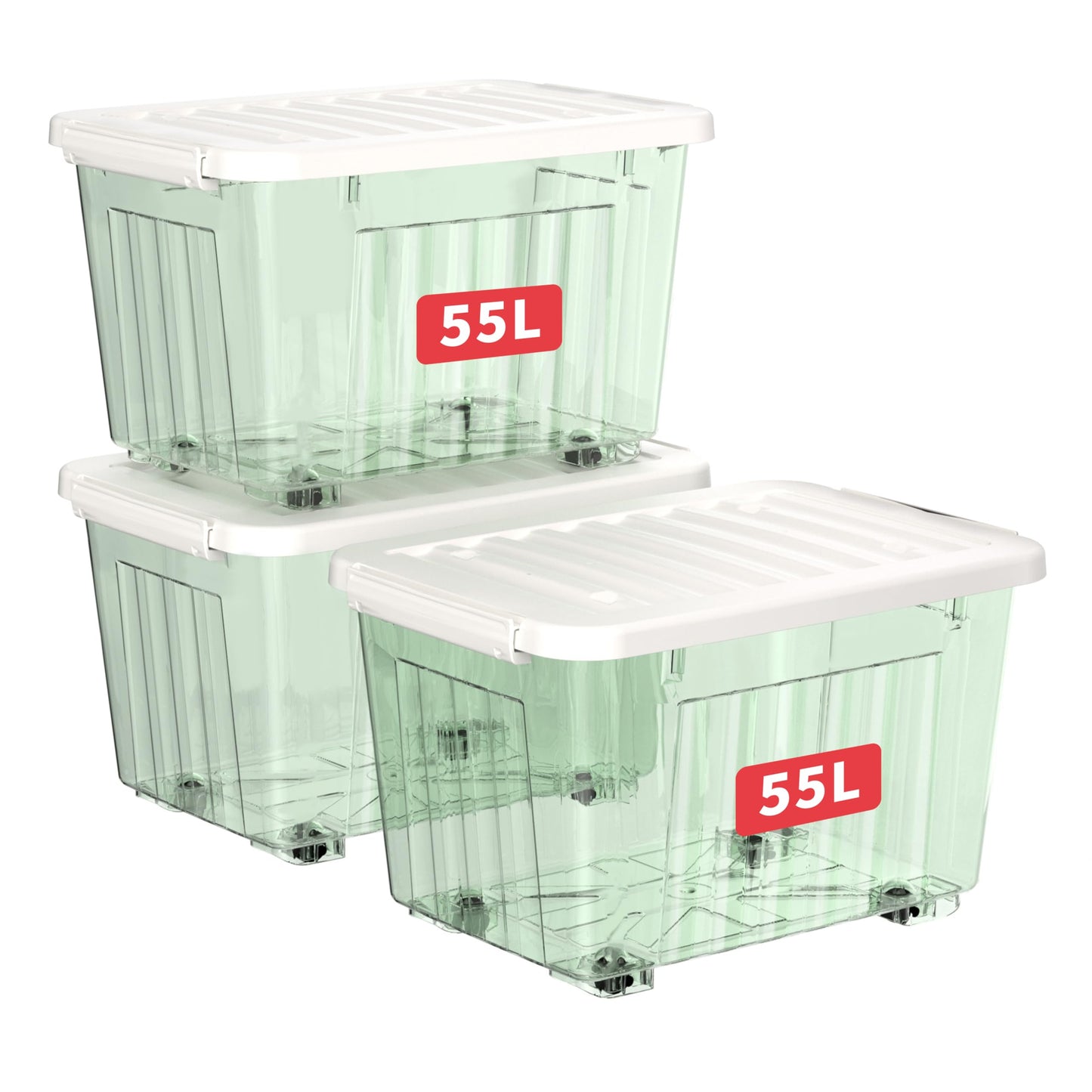 Cetomo 55L*3 Plastic Storage Boxes with Wheels, Lidded Storage Box with Secure Side Latches, PP Nestable and Stackable Clear Organizer for Home