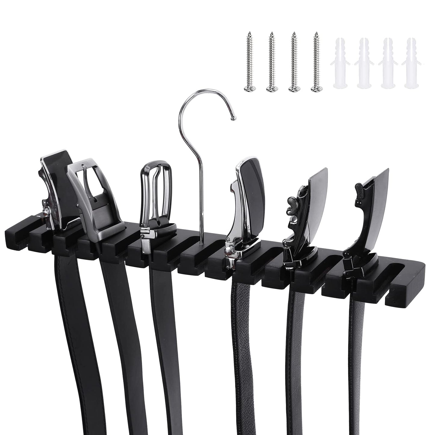 SUNTRADE 14-in-1 Wooden Wall Mount Belts & Tie Organizer with Swivel Hook, Display for Closet, Door, Wall (Black)
