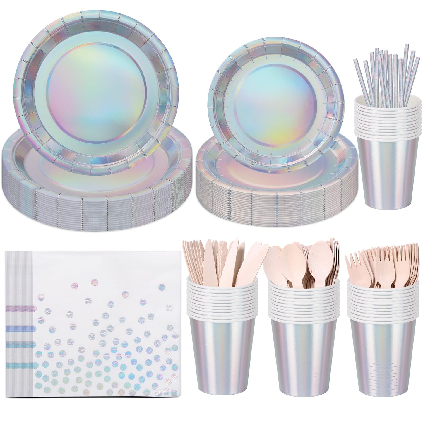 Iridescent Party Supplies Set Serve for 25 Guests, CEILIWEN 200PCS Holographic Paper Plates and Napkins Cup Set, Silver Party Tableware Set for