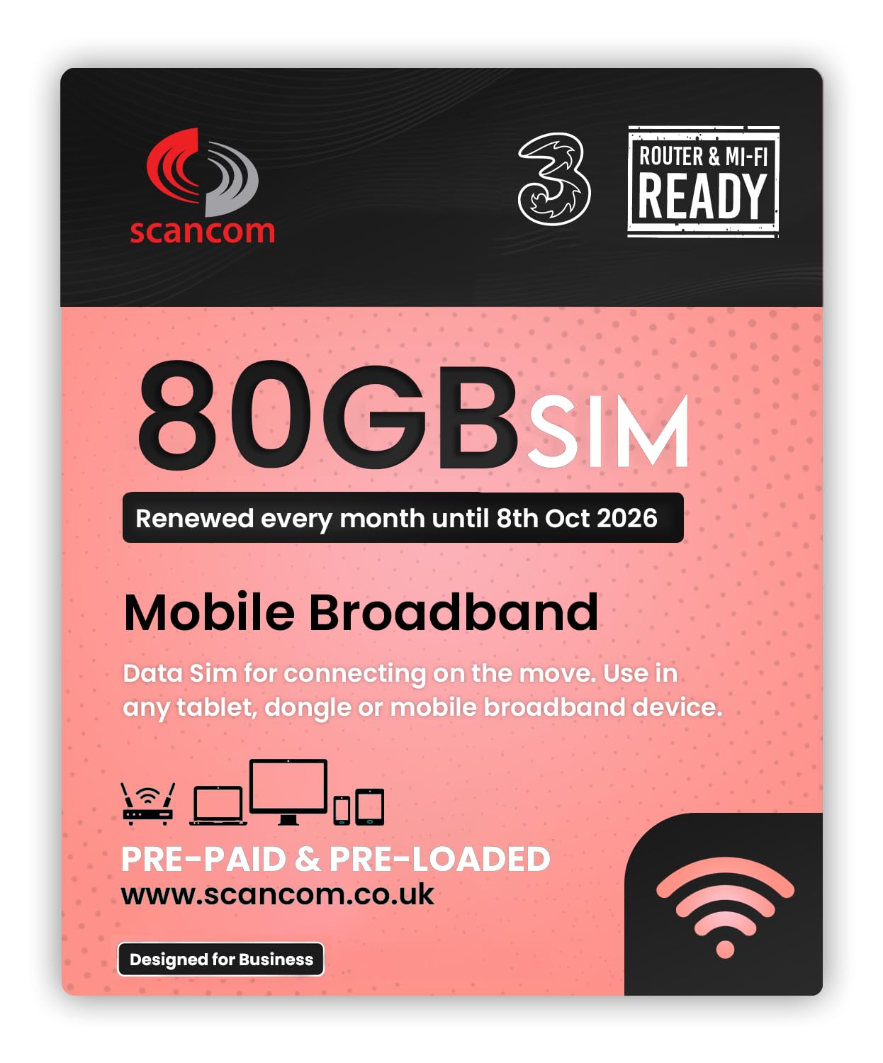 Three 80GB Data SIM - Uncapped 5G - Preloaded MONTHLY Until October 2026 - Plug & Play for Routers & Phones - Access to Three & Vodafone - Connects to