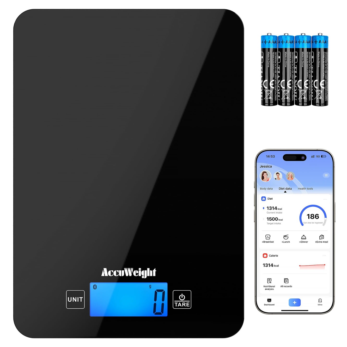 ACCUWEIGHT CK780 Bluetooth Kitchen Scales with Nutrition Calculator (Batteries included), Smart Food Scale with Backlit LCD, Food Scales Calorie