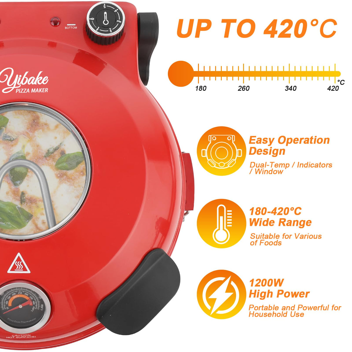 YIBAKE Pizza Maker Electric, 4-Min-Pizza in 1200W Pizza Oven, 31cm Refractory Stone Plate, Max 420 Pizza Maker with 5 Cooking Levels, inkl. Pizza
