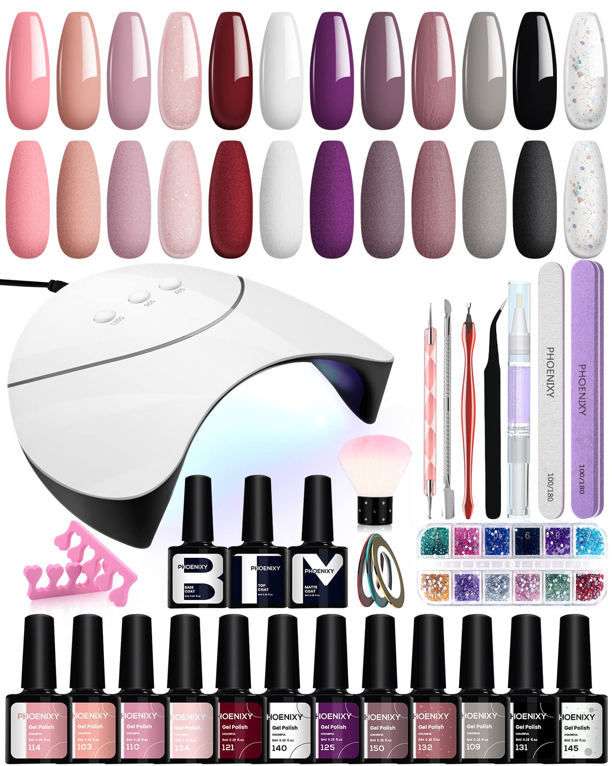 Phoenixy 12 Colours Gel Nail Kit, Gel Nail Polish Set Starter Kit with 36W U V LED Lamp Manicure Sets Gift for Women