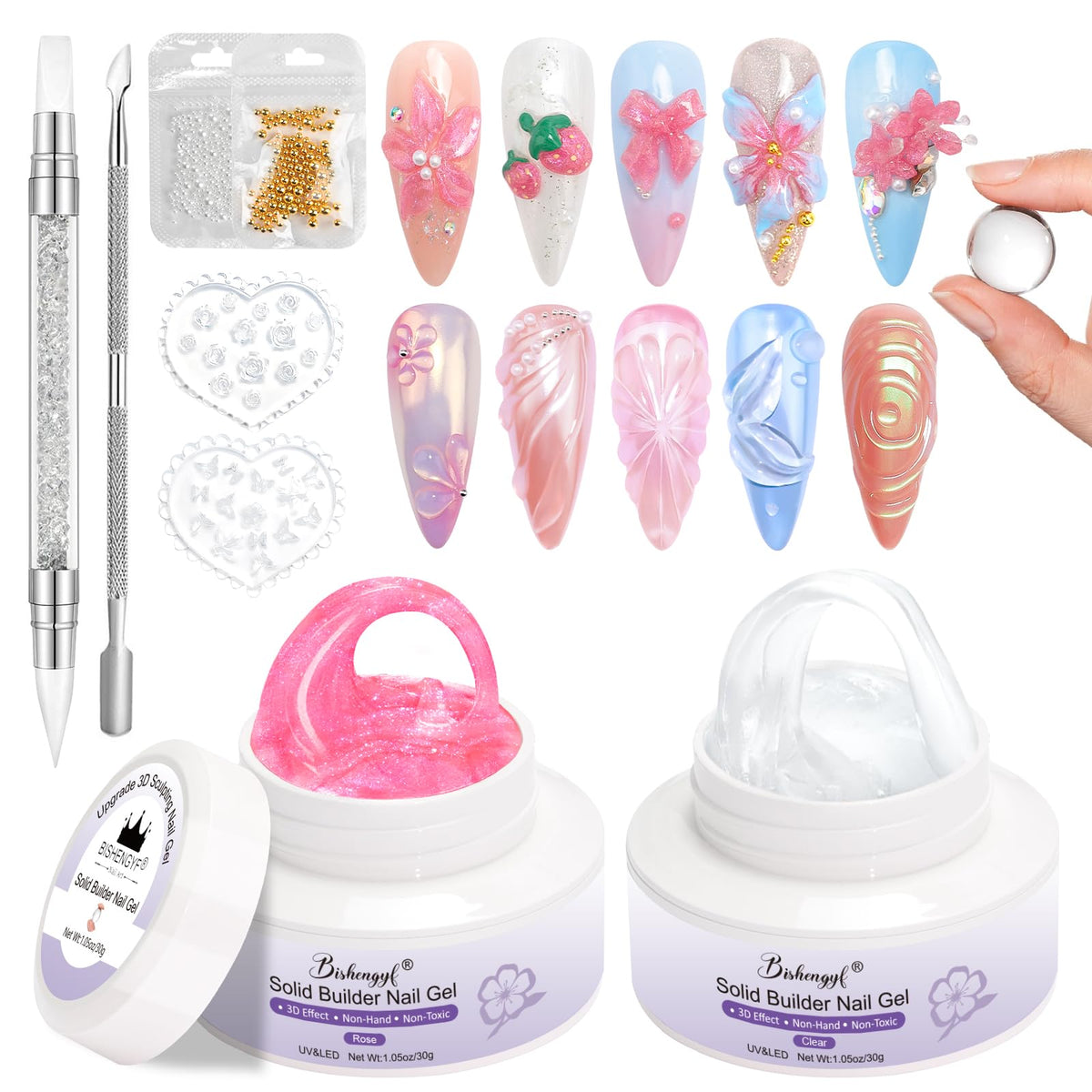 BISHENGYF Solid Builder Gel for Nails,Large Capacity Clear 3d Nail Gel,2pcs 30g Non-Sticky 3d Sculpting Ge l,Rose Pink Mermaid Pearl 3d for Nai l