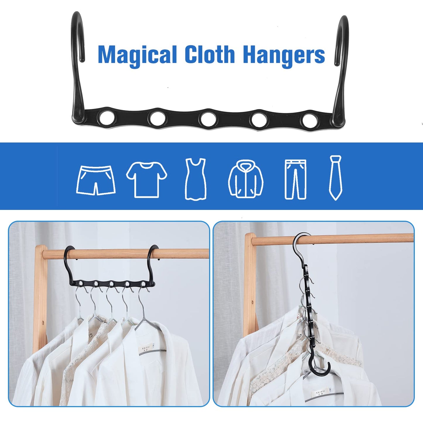 Rainberg 6pcs Magic Clothes Hangers Space Savers, Coat Hangers Space Saving, Wardrobe Space Saver Hangers. (Pack of 6, Black)
