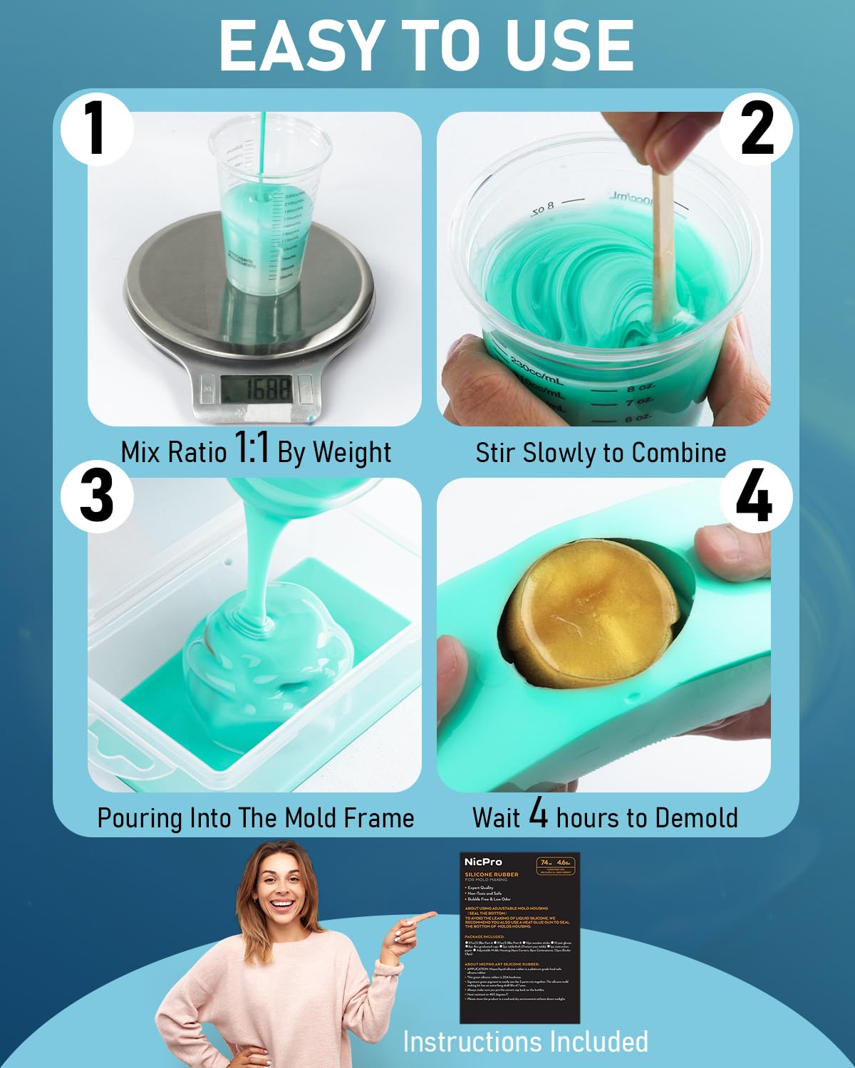Nicpro 74oz/2188ml Silicone Mold Making Kit, Premium Platinum Liquid Silicone Rubber for Safe and Flexible Casting, Vibrant Jade Green Color, and