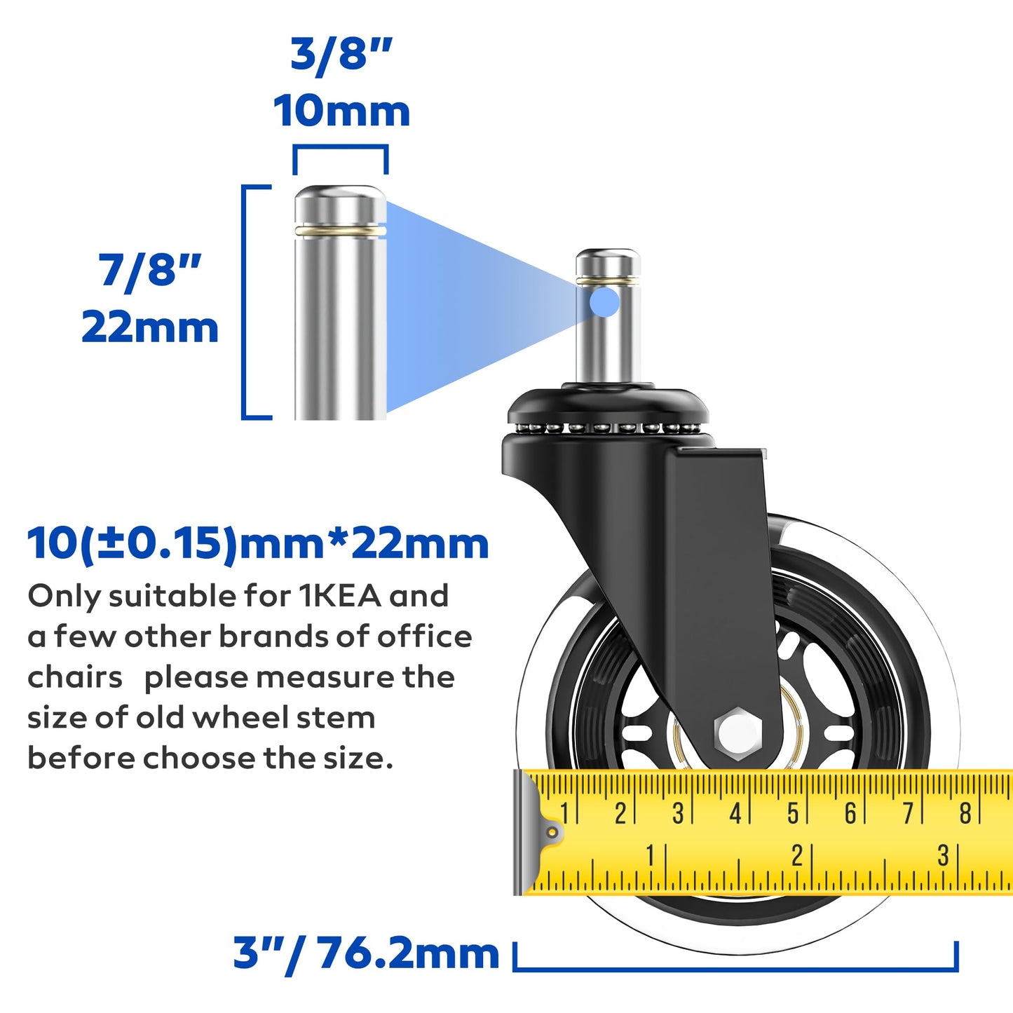 WEWILL Chair Casters Set Floor Wheels Swivel Wheels for Office Chair Hard Universal Compatible with Different Seats (10x22mm)