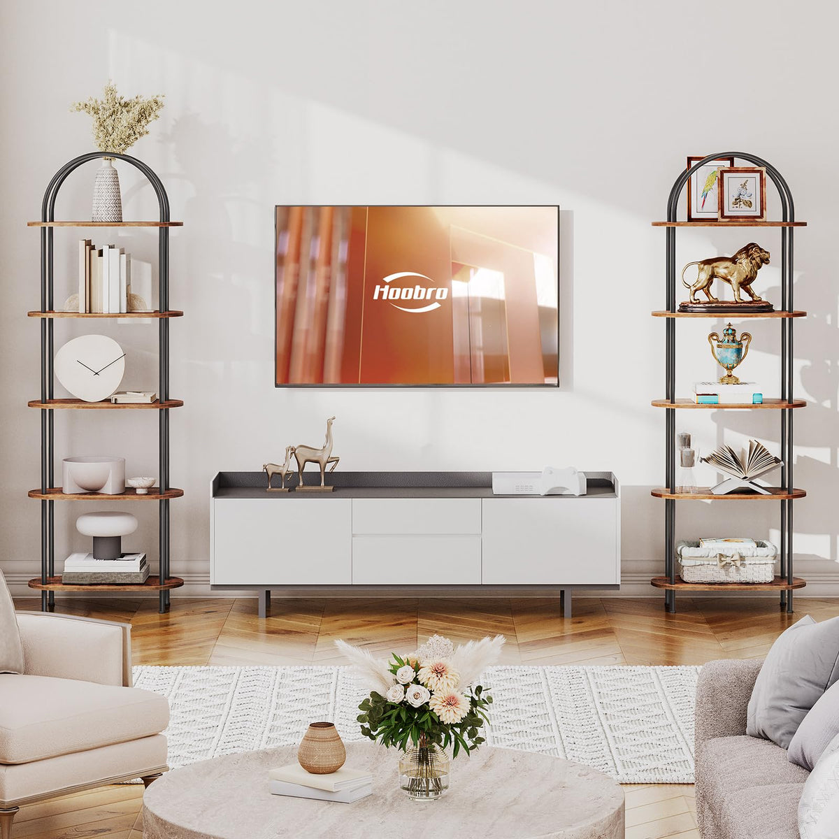 HOOBRO 5-Tier Book Shelf, Bookcase with Steel Frame, Industrial Arched Standing Ladder Shelf, Tall Storage Organizer, Storage Shelves for Living Room,