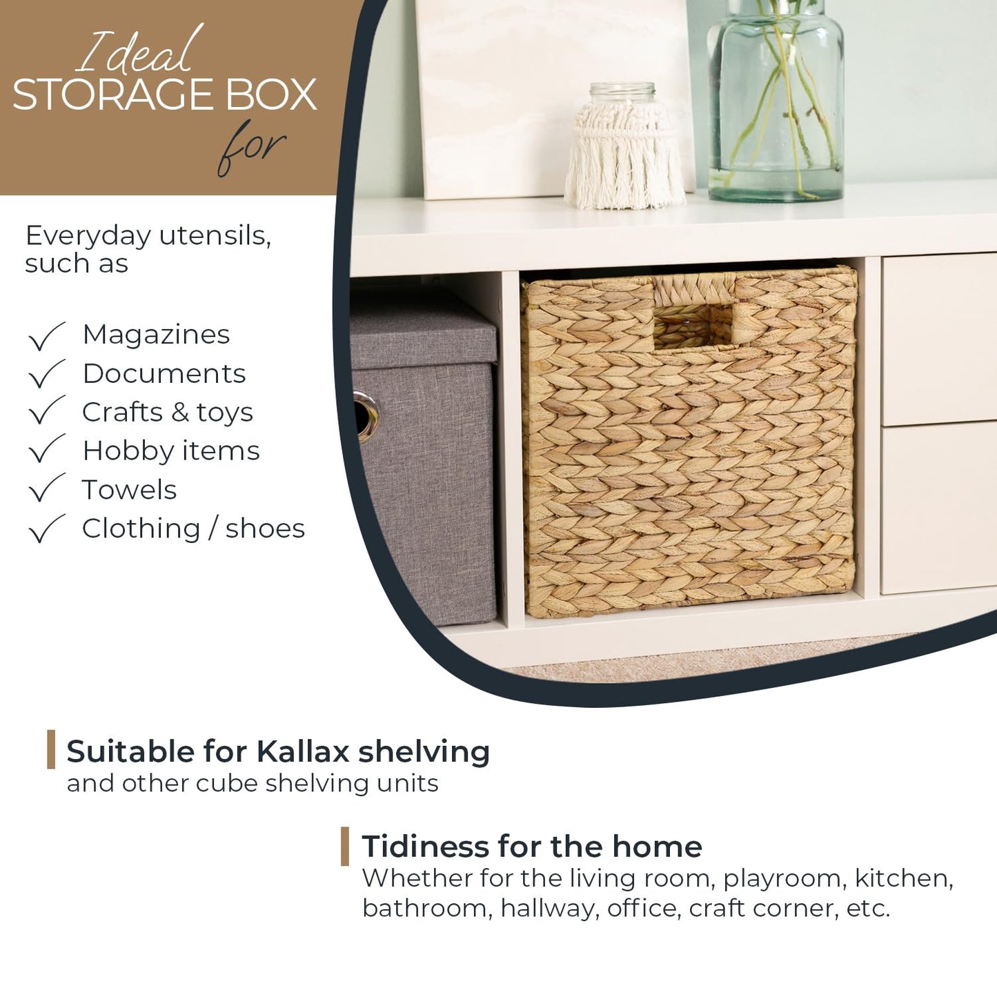 HMF Storage Basket Suitable for KALLAX Shelving Unit, Woven Water Hyacinth Basket with Handles | 32 x 34,5 x 32 cm | Nature