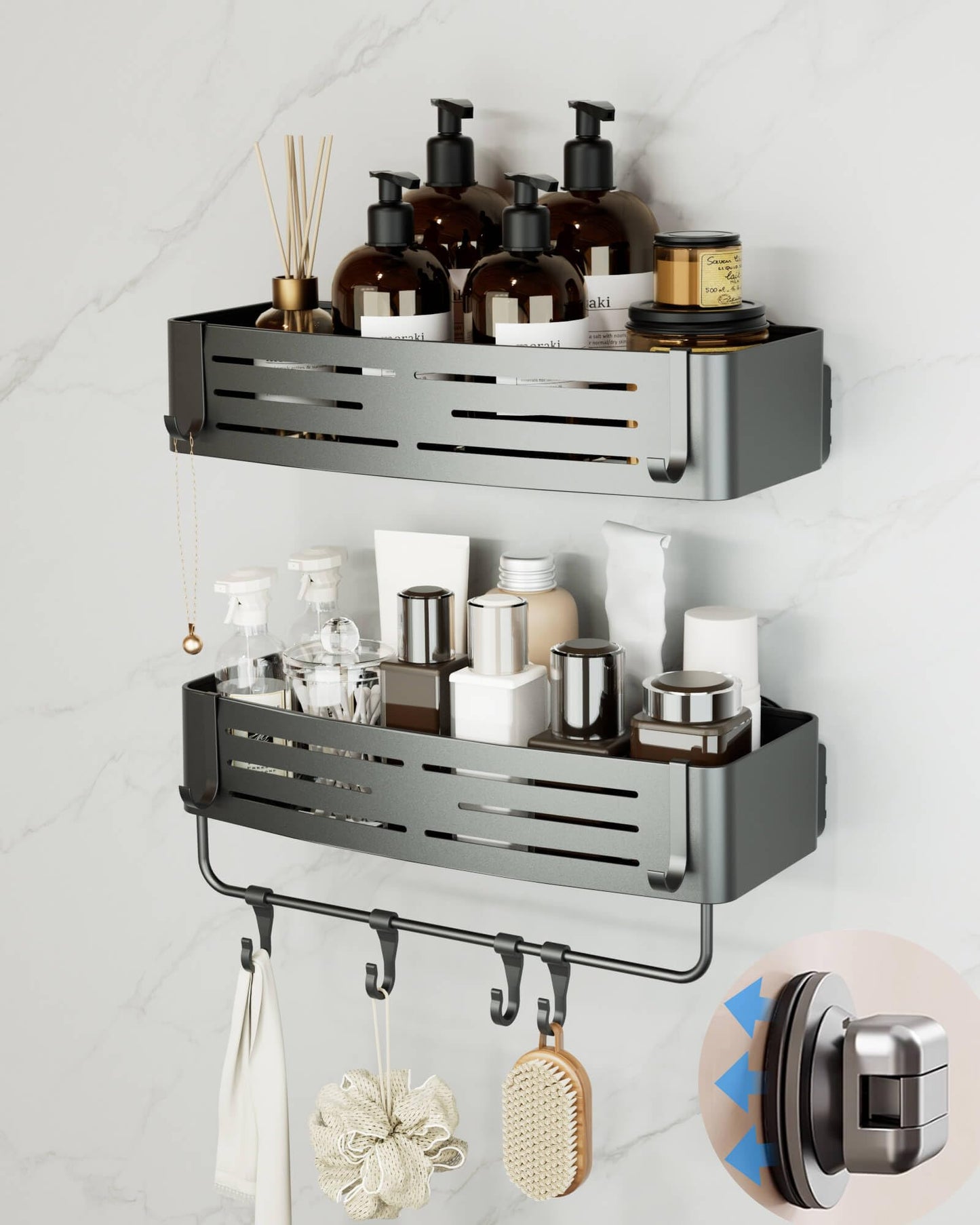 Onemake 2-Pack Suction Cup Shower Caddies, No Drill Shower Shelf, Shower Organiser with 6 Portable Hooks, Corner Bathroom Caddy Waterproof Holder with