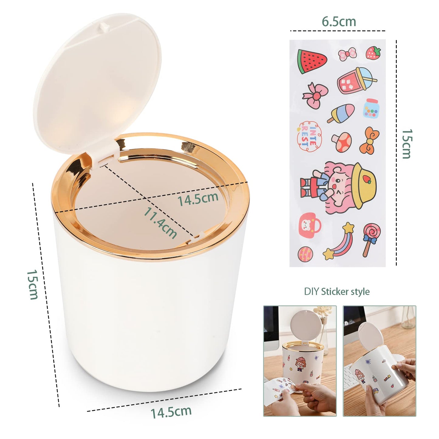 Desk Bin with Lid, Mini Table Trash Can,15 * 14.5cm Portable Small Dustbin for Bathroom Living Room Kitchen Car Dressing Table (Black)