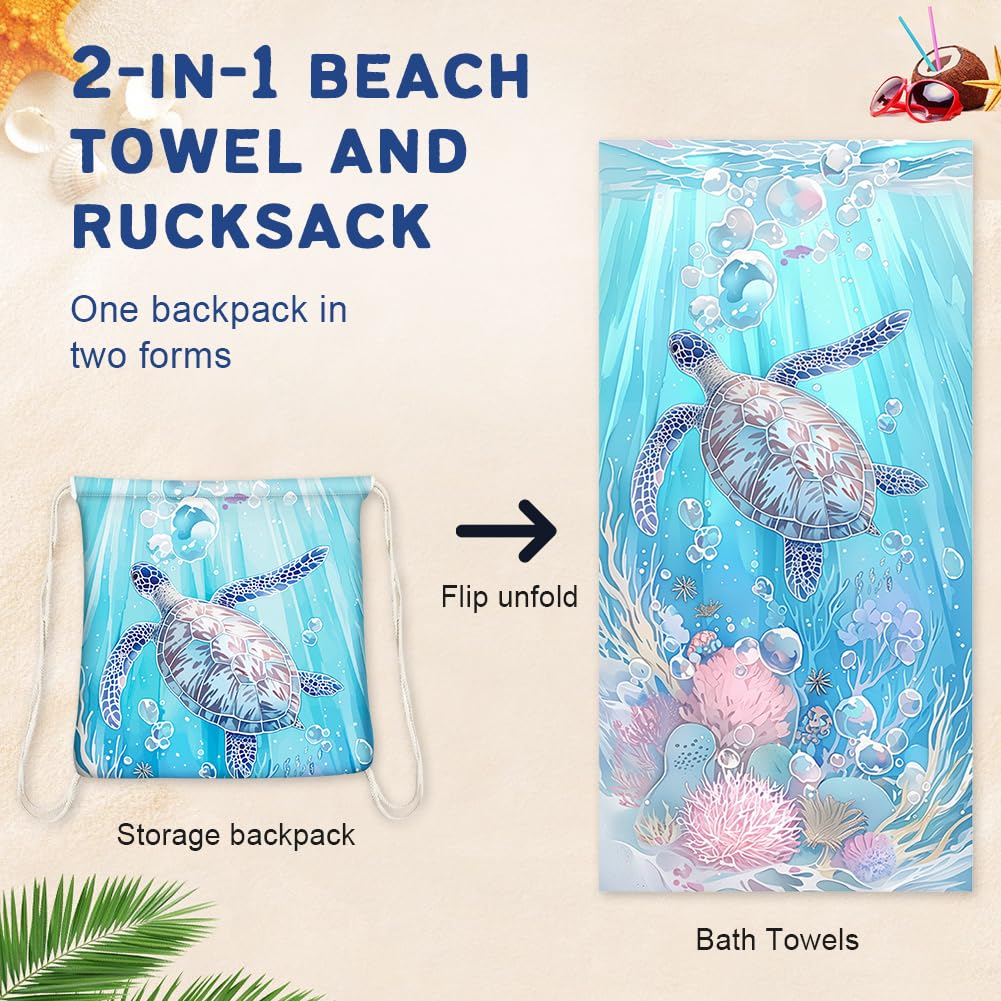 Microfiber Beach Towel Sand Free Absorbent Extra Large Travel Towels for Adults Kids Microfibre Towels for Adults with Drawstring Bag 2in1
