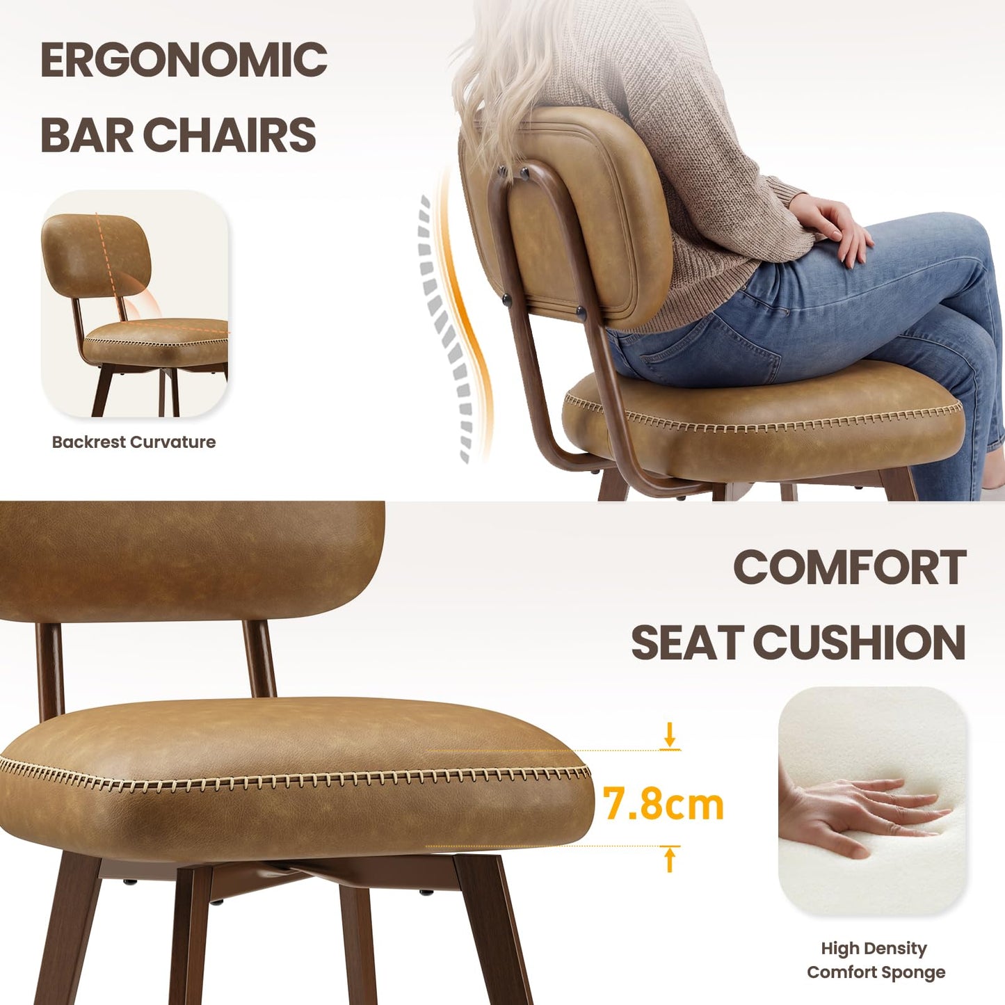 MALOL PU Leather Breakfast Bar Stools Set of 6, Swivel Kitchen Bar Chairs with Backrest and Metal Legs