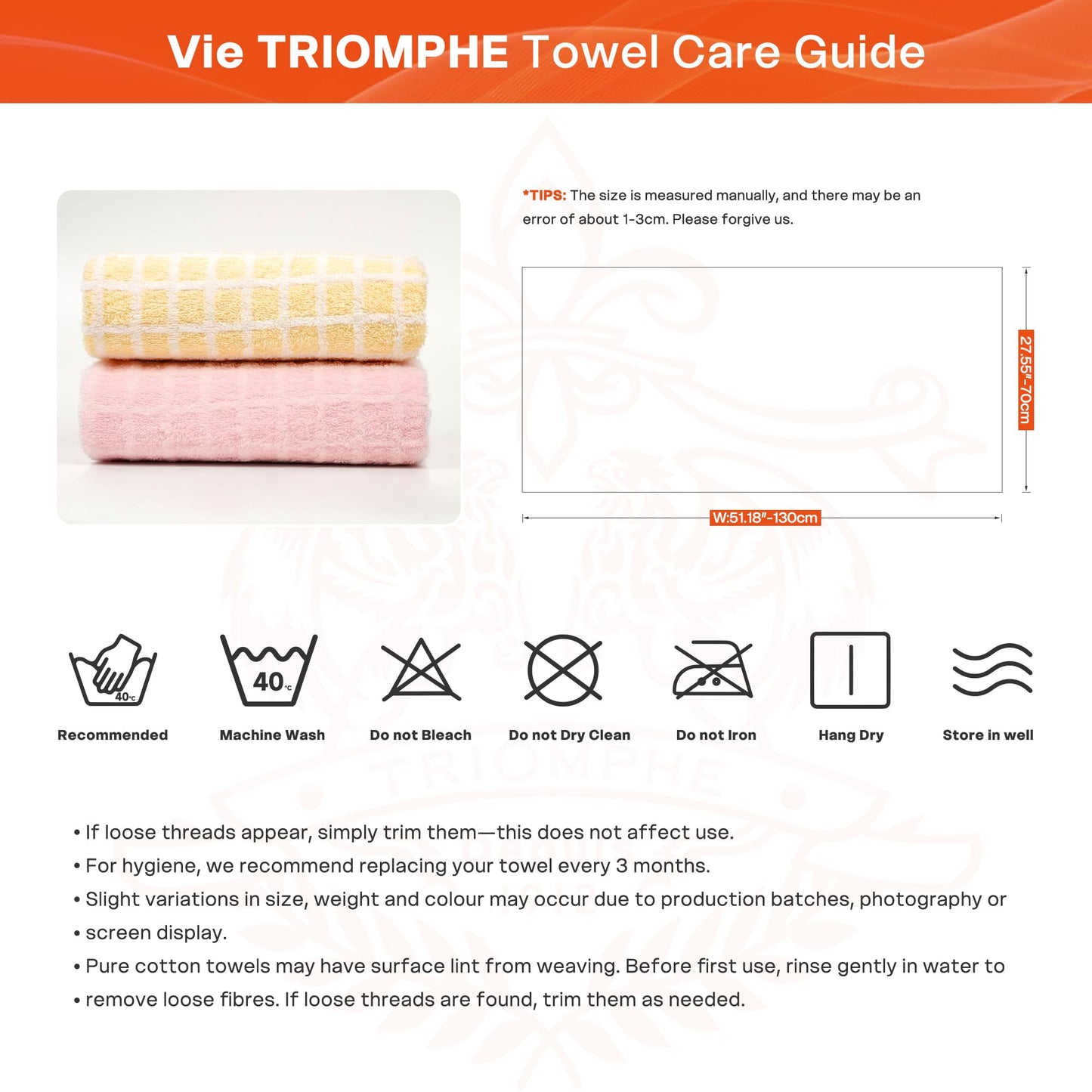Vie TRIOMPHE 2-Pack Embroidered Checkered Bath Towels 70x130cm, Zero-Twist Long-Staple Cotton, Pink plus Yellow Jacquard Grid Pattern