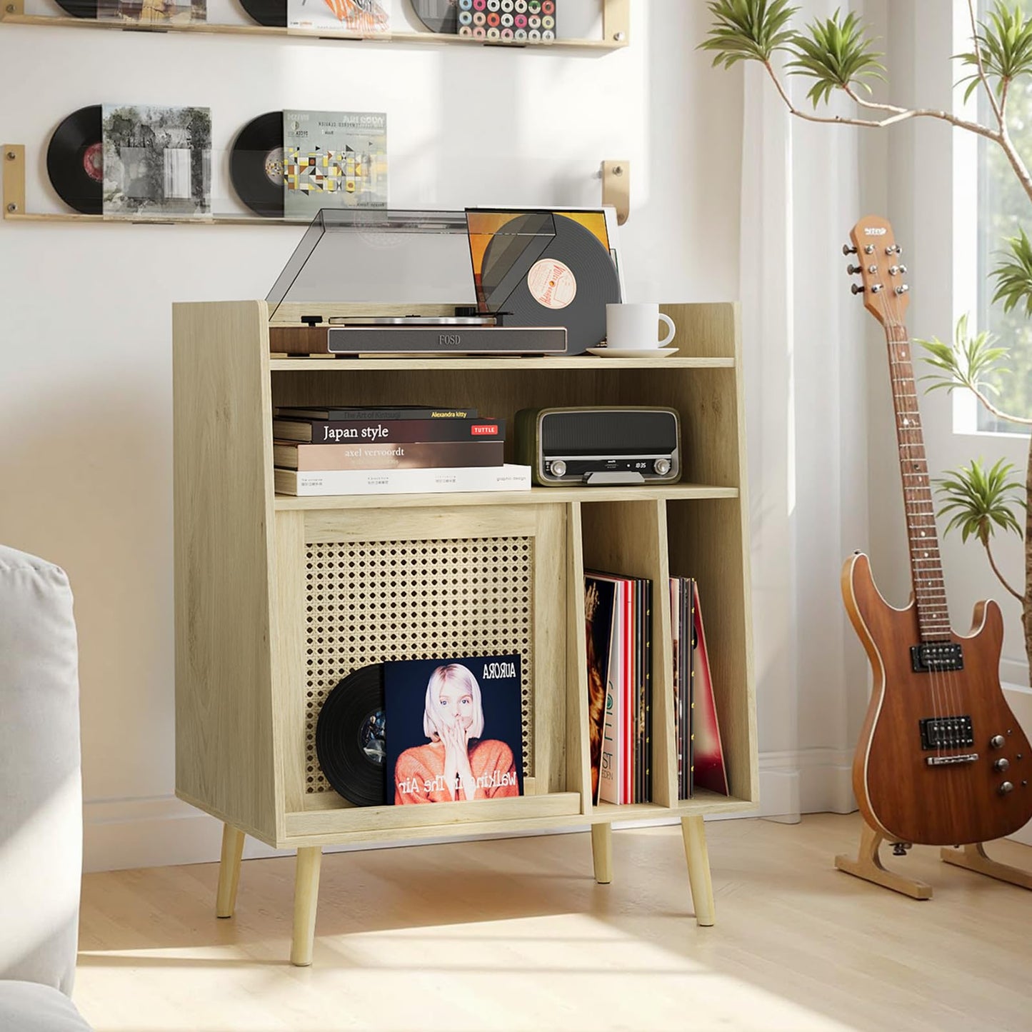 Kiasthome Vinyl Record Storage Cabinet, Large Record Player Stand with Open Shelf