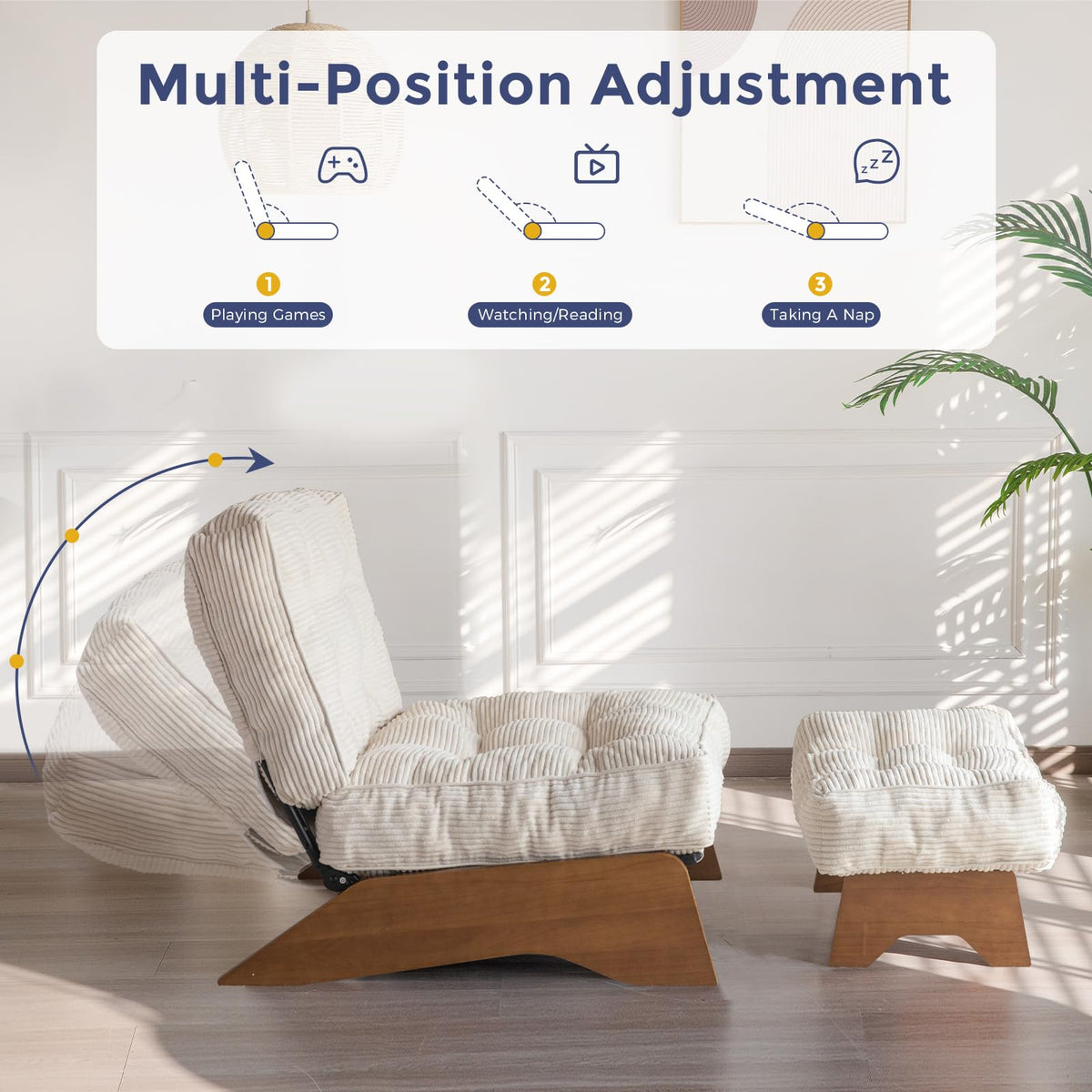 MAXYOYO Corduroy Folding Accent Chair with Footrest, Modern Upholstered Lounge Chair with Adjustable Backrest