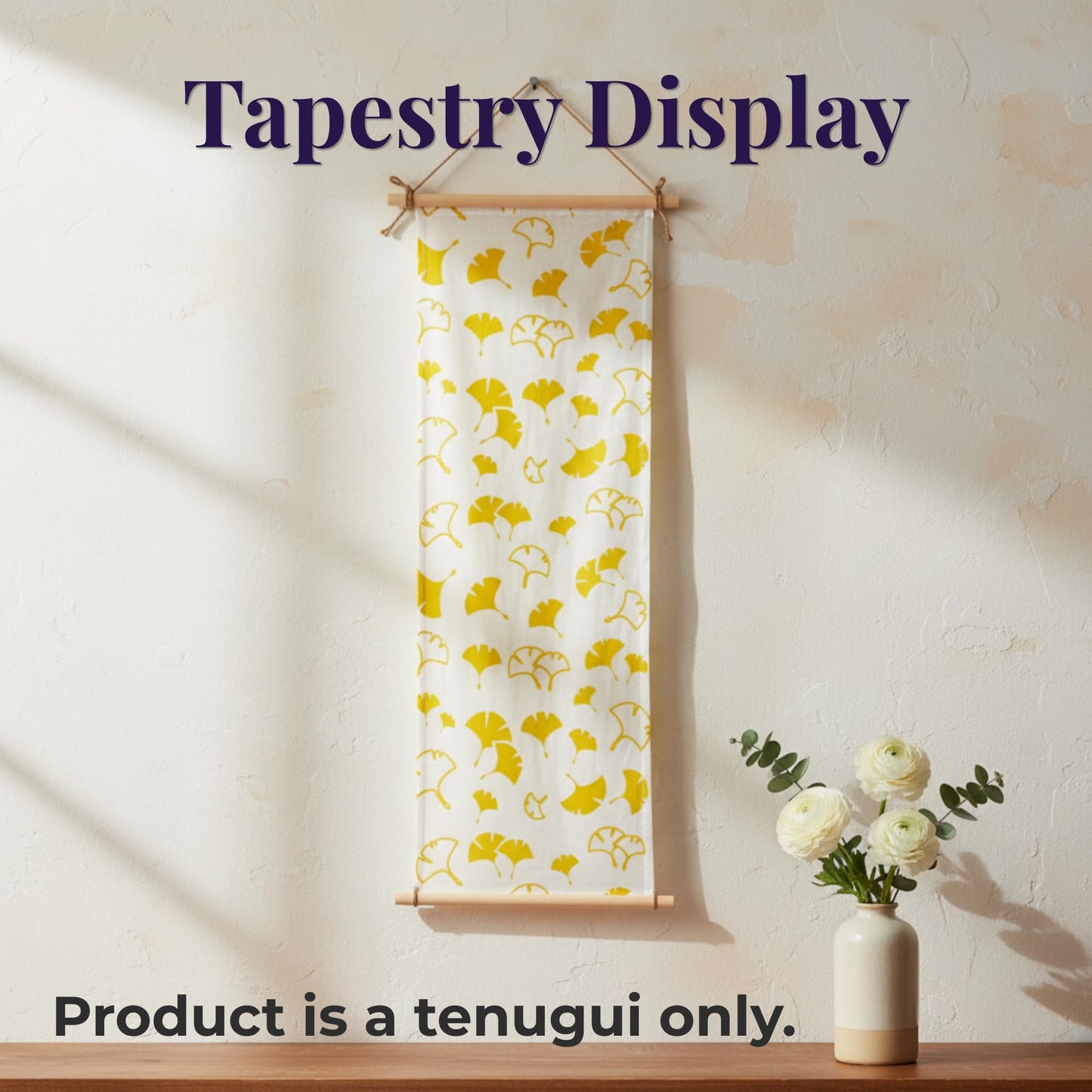 Japanese Tenugui Towel, 34.64"L x 12.99"W, Gingko (Icho) Yellow on White