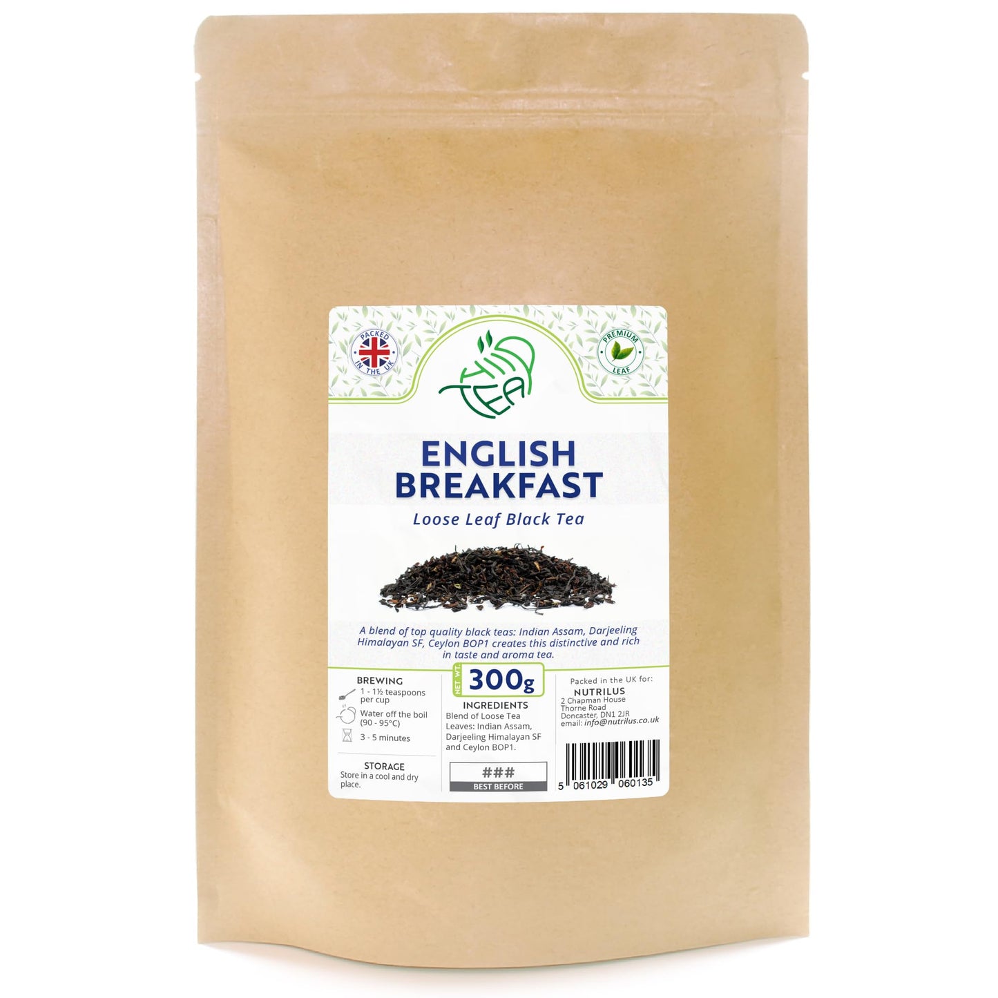 English Breakfast Loose Leaf Tea - Blend of Indian Assam & Darjeeling & Ceylon BOP1 - Black Tea Loose Leaves (300g, English Breakfast)