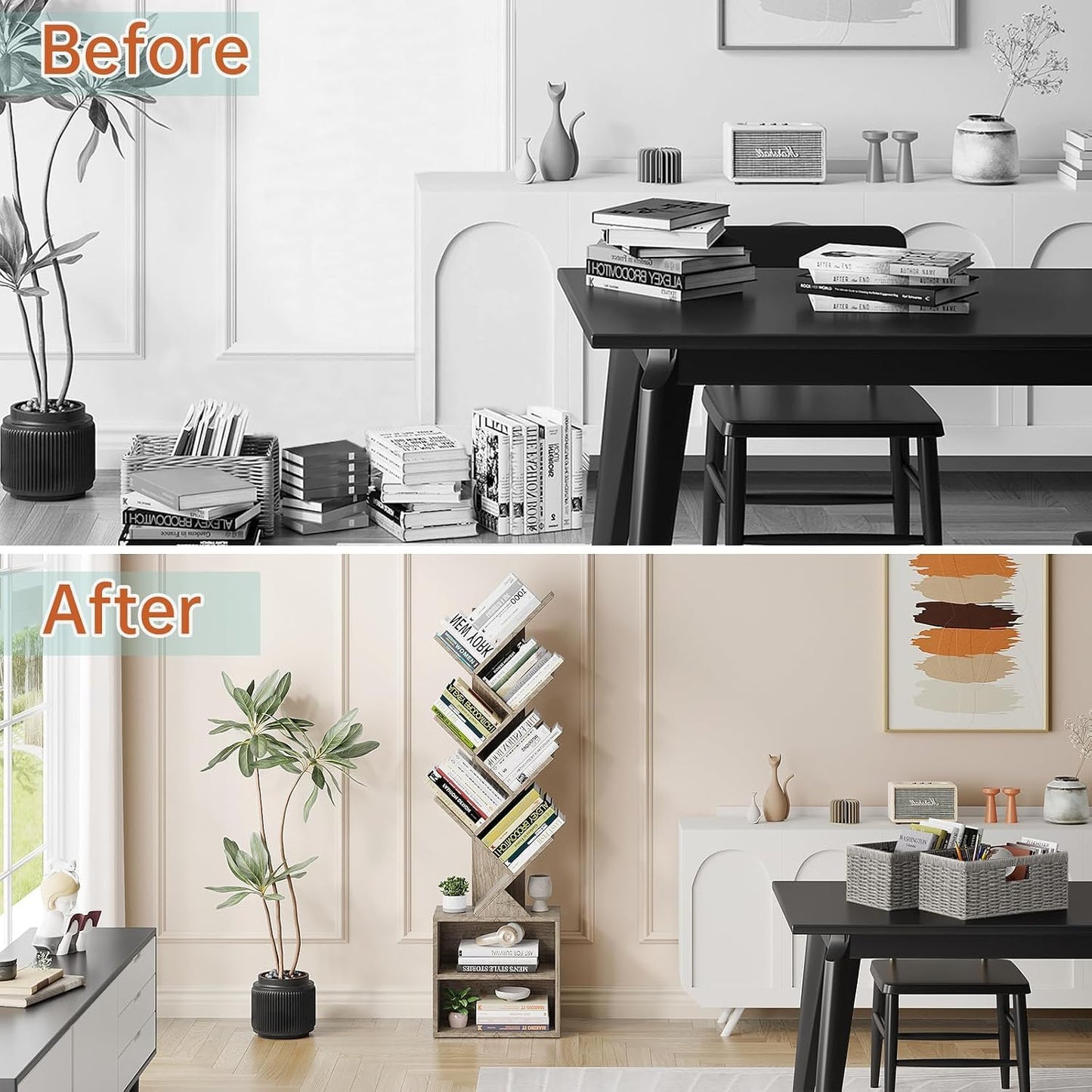 Vagusicc 6 Tier Tree Bookshelf, Modern Floor Standing Bookcase with Storage Drawer, Space Saving Storage Organizer Book Shelves for Books