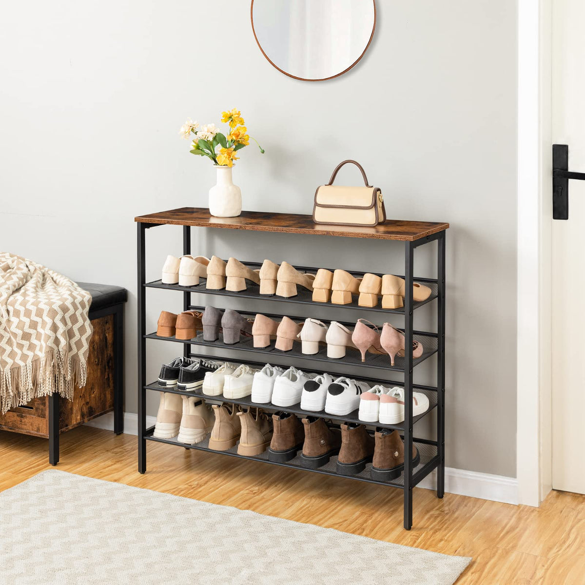 HOOBRO Shoe Rack, 5-Tier Shoe Organizer Shelf, 100 x 30 x 85 cm, with Flat or Slant Adjustable Shelf, Sturdy, Shoe Storage Organiser for Entryway,