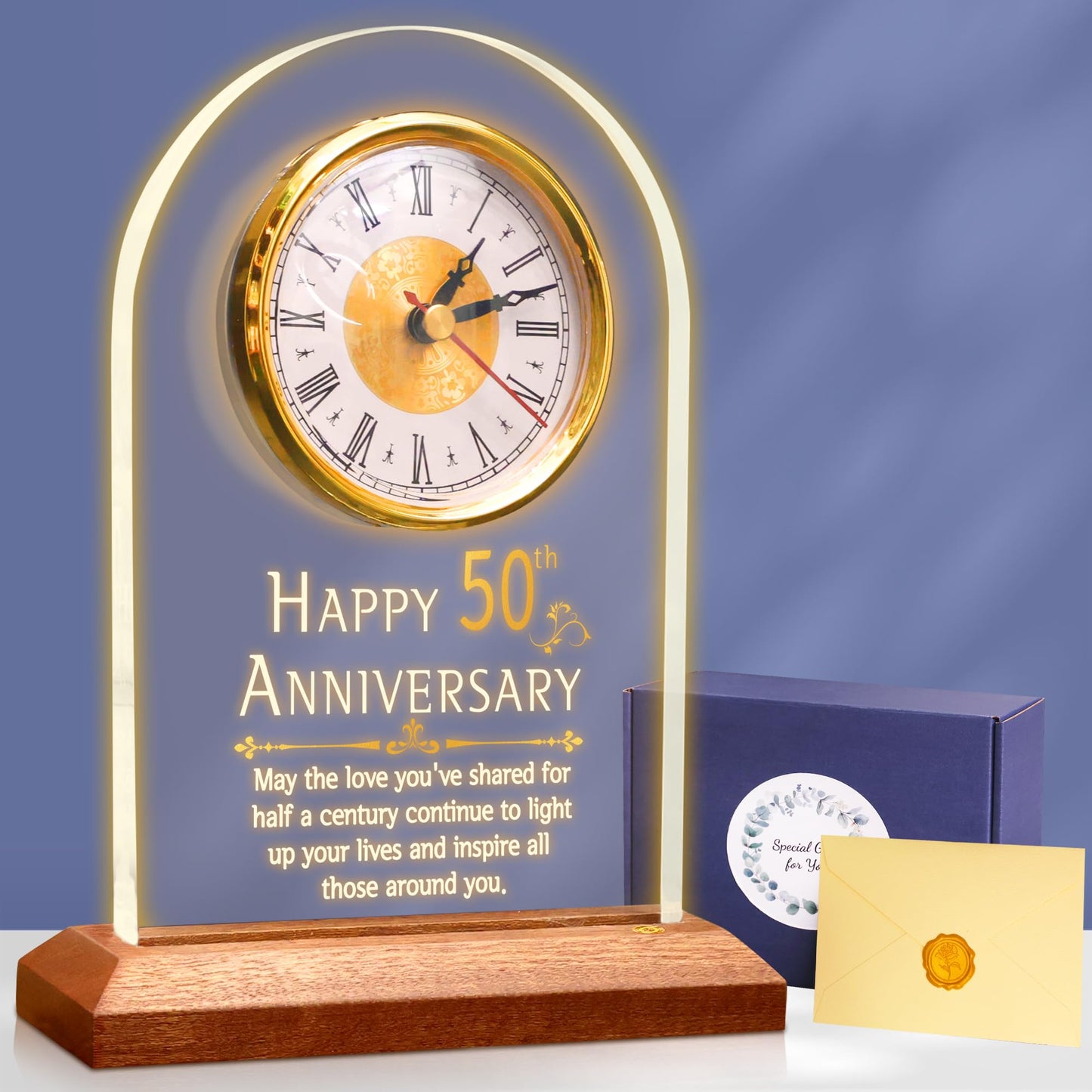 OkiyiD 50th Anniversary Wedding Gift, Anniversary Quartz Clock, Desk Table Clock, 50 Years of Marriage, Golden Wedding for Couple, Parents,
