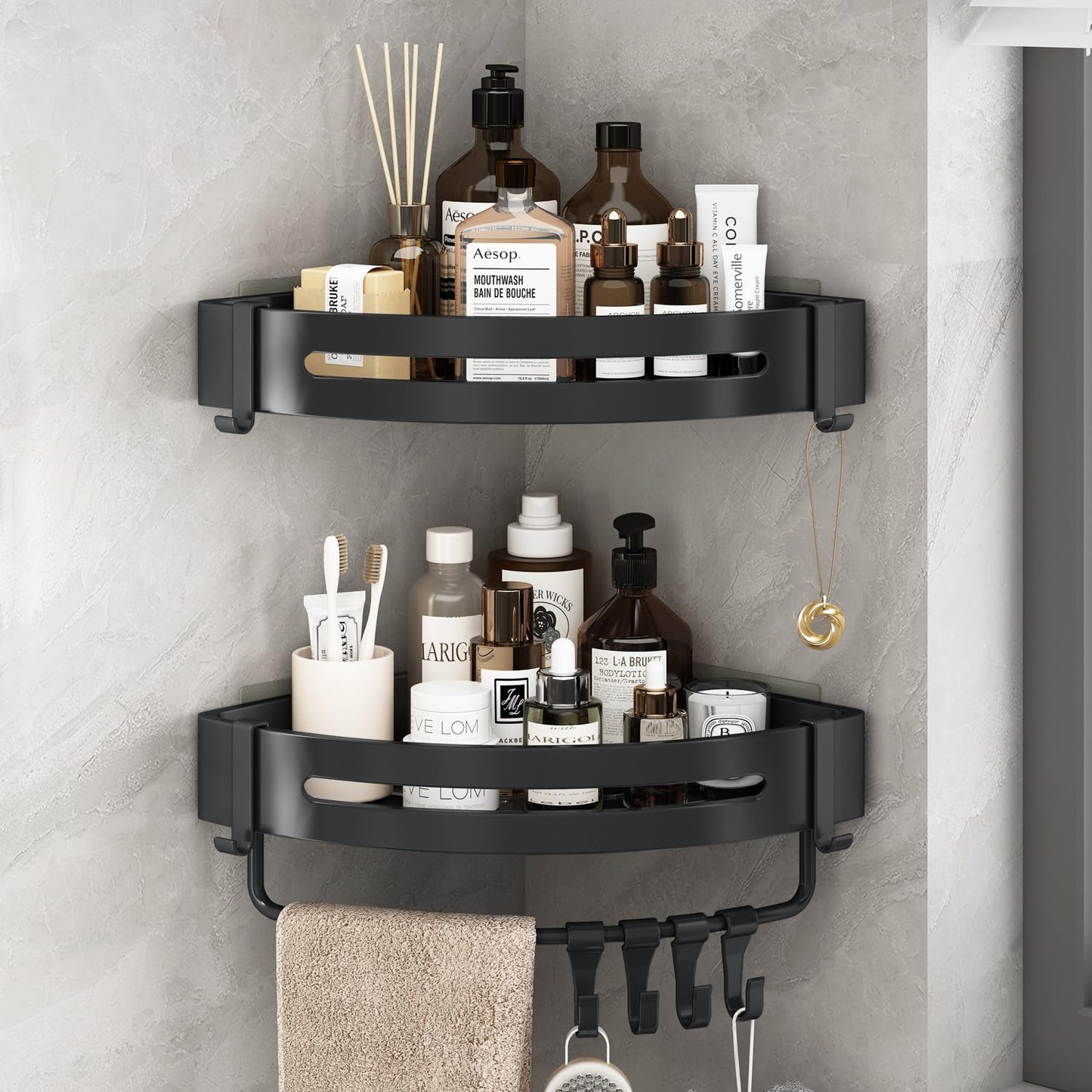 FOXWHALE Corner Shower Caddy, 2 Pack Bathroom Shelf No Drill Self Adhesive Shower Organiser with Hooks & Towel Pole, Black Shampoo Holder Bathroom