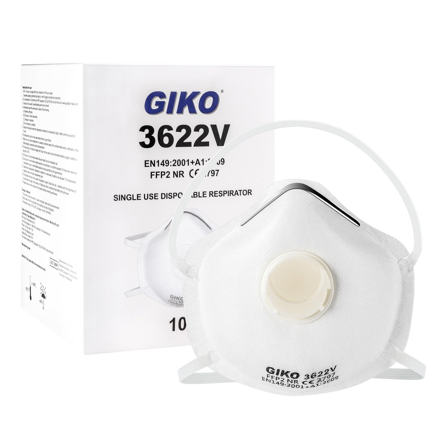 GIKO FFP2 Dust Mask Pack of 10 - Valved Face Masks Moulded Disposable Respirator 5 layers FFP2 Face Masks for DIY Projects, Construction, Building