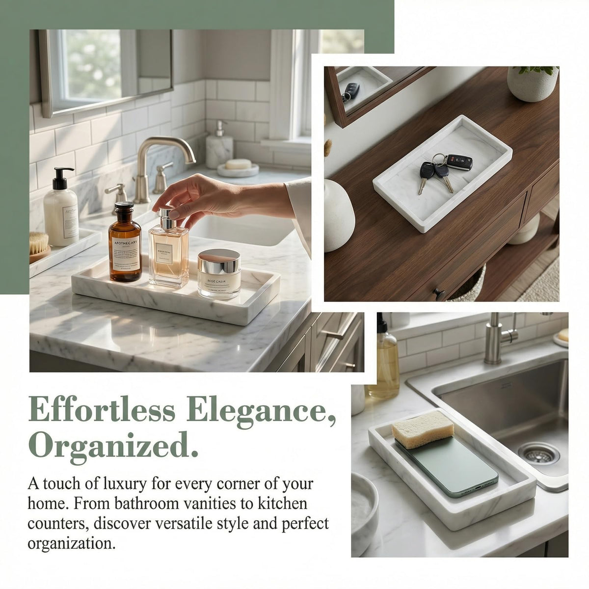 2PCS Bathroom Vanity Tray, Marble Pattern Silicone Organiser Tray for Bathroom Counter, Kitchen Sink & Toilet Tank