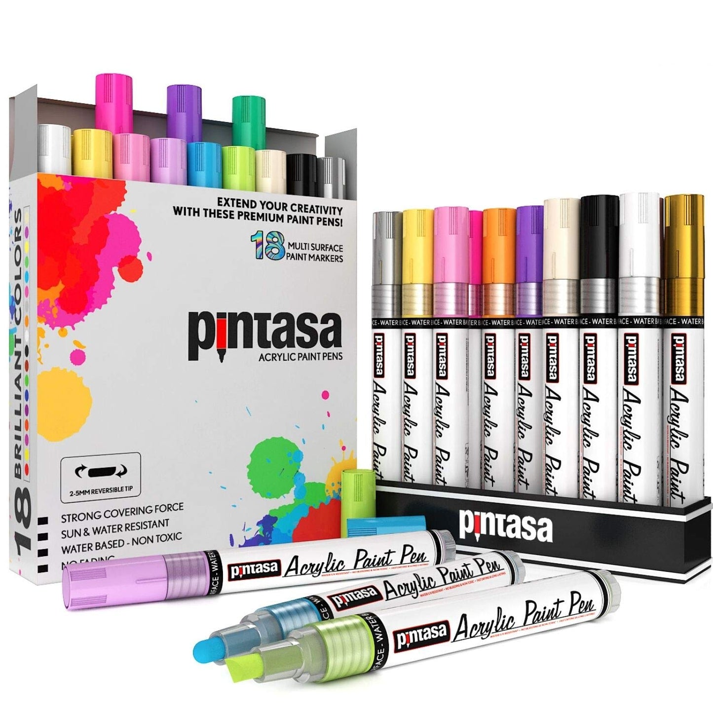 PINTASA Acrylic Paint Pens - 18 Rock Paint Markers - Quick Dry Acrylic Paints Set, Canvas, Ceramic, Porcelain, Wood, Mug, Fabric, Kids DIY Crafts |
