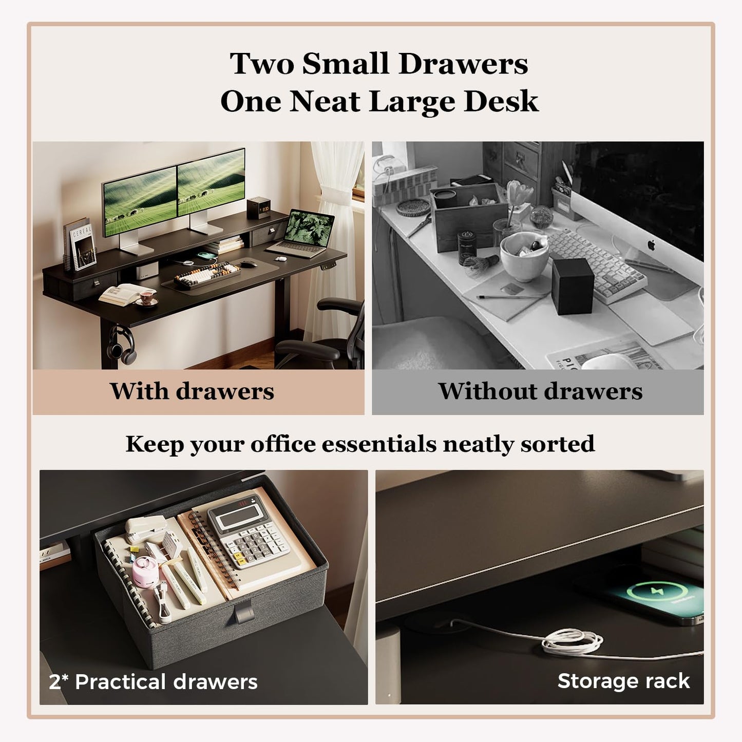 Klicelor Electric Height Adjustable Desk, with 2 Fabric Drawers, 160x60cm