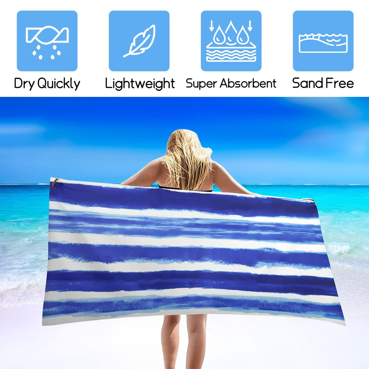 YUAOEUR Blue Stripe Beach Towel for Adults Kids Women Men (30x60 inch,77x153cm) Large Microfiber Beach Towels for Travel,Pool, Sport, Hotel,Beach