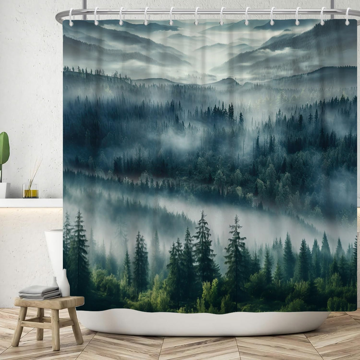 ASDCXZ Forest Shower Curtain 180x200 cm, Natural Landscape Blue Green Fog Forest Jungle Mountain Peak Cloud Washable Shower Curtains Polyester