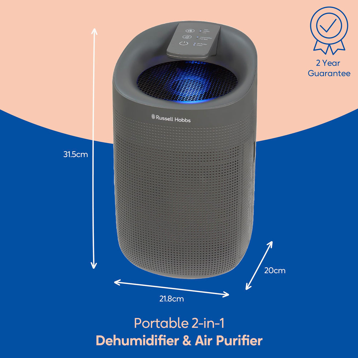 Russell Hobbs RHDH1101G Ozone Free, 750ml/day 2 in 1 Grey Dehumidifier/Air Purifier, 20m2 Room Size, LED Lighting & Captures Bacteria, for Home,