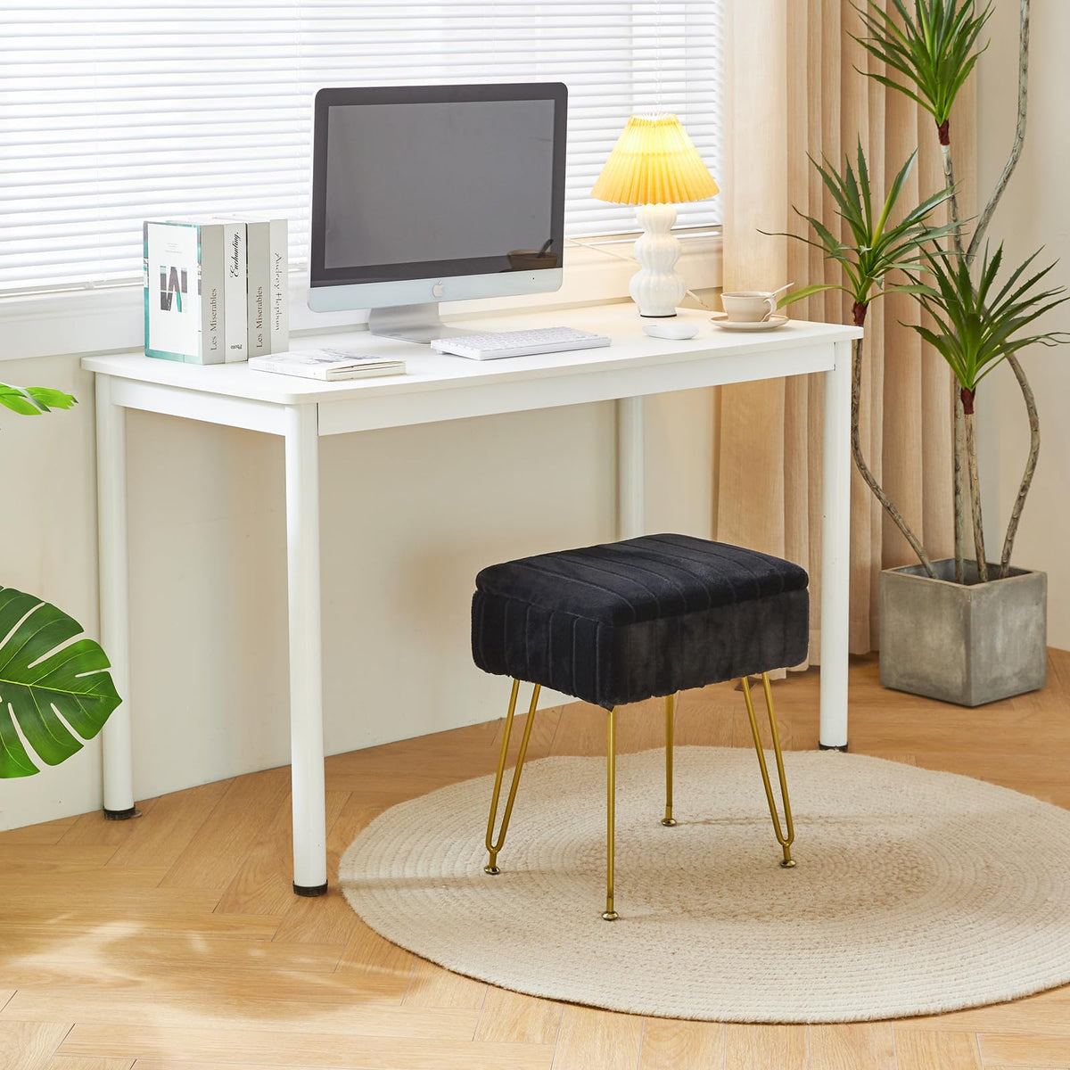 IBUYKE Vanity Stool Chair with Storage, Faux Fur Ottoman, Black L/G-50B