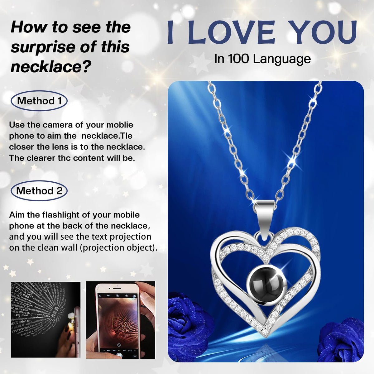 Firestyle Preserved Blue Real Rose with I Love You Necklace in 100 Languages-Eternal Flowers Rose Gifts for Her Women Mum Wife Girlfriend on Christmas