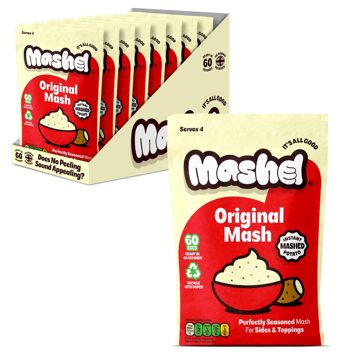 Mashd Original Potato Mash Potato Pouch - Pack of 8 x 140g - Instant Side Dish In One Minute, Just Add Hot Water. 32 Total Servings