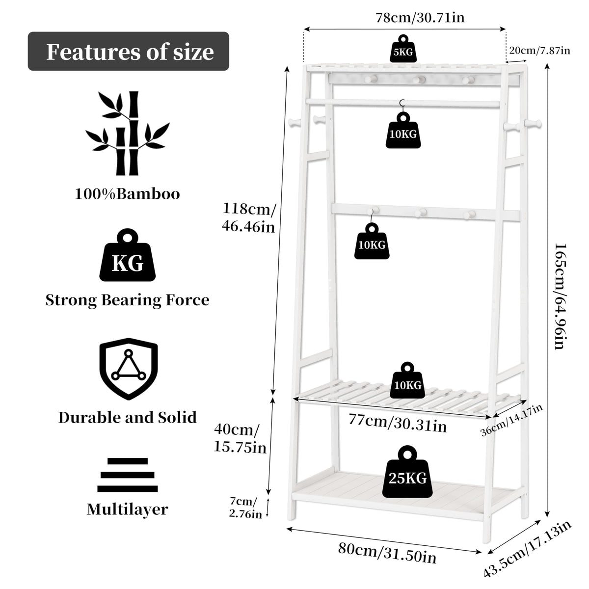 unho Bamboo Clothes Rail Rack: Free Standing Garment Rack with 3 Storage Shelves 10 Hooks Open Wardrobe Organizer for Clothes Shoes Hats Bags in