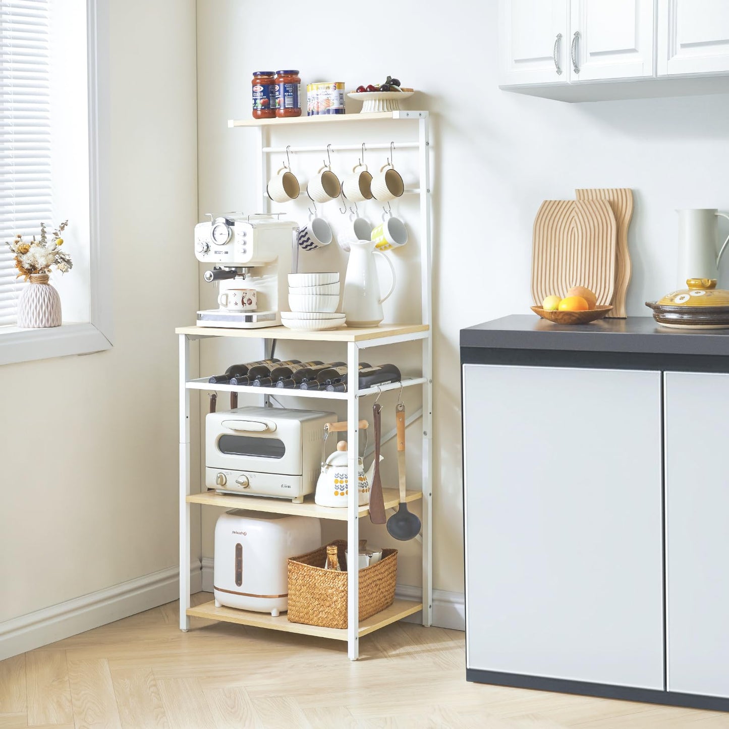 YMYNY Kitchen Baker's Rack, Microwave Oven Stand with Storage Shelves, Industrial Coffee Bar Station, with Adjustable Wine Holders and S-Hooks, Metal