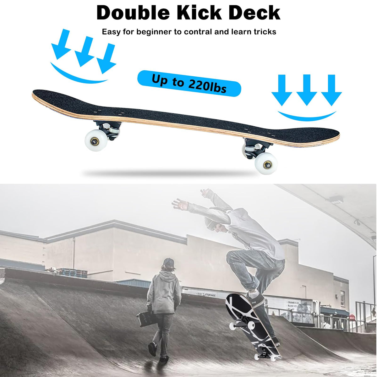 CLYCTIP Skateboards,31 x 8 inch Complete Skateboard for Beginners,8 Layer Maple Concave Cruiser Trick Skateboard for Teens and Adults (blackwhite)