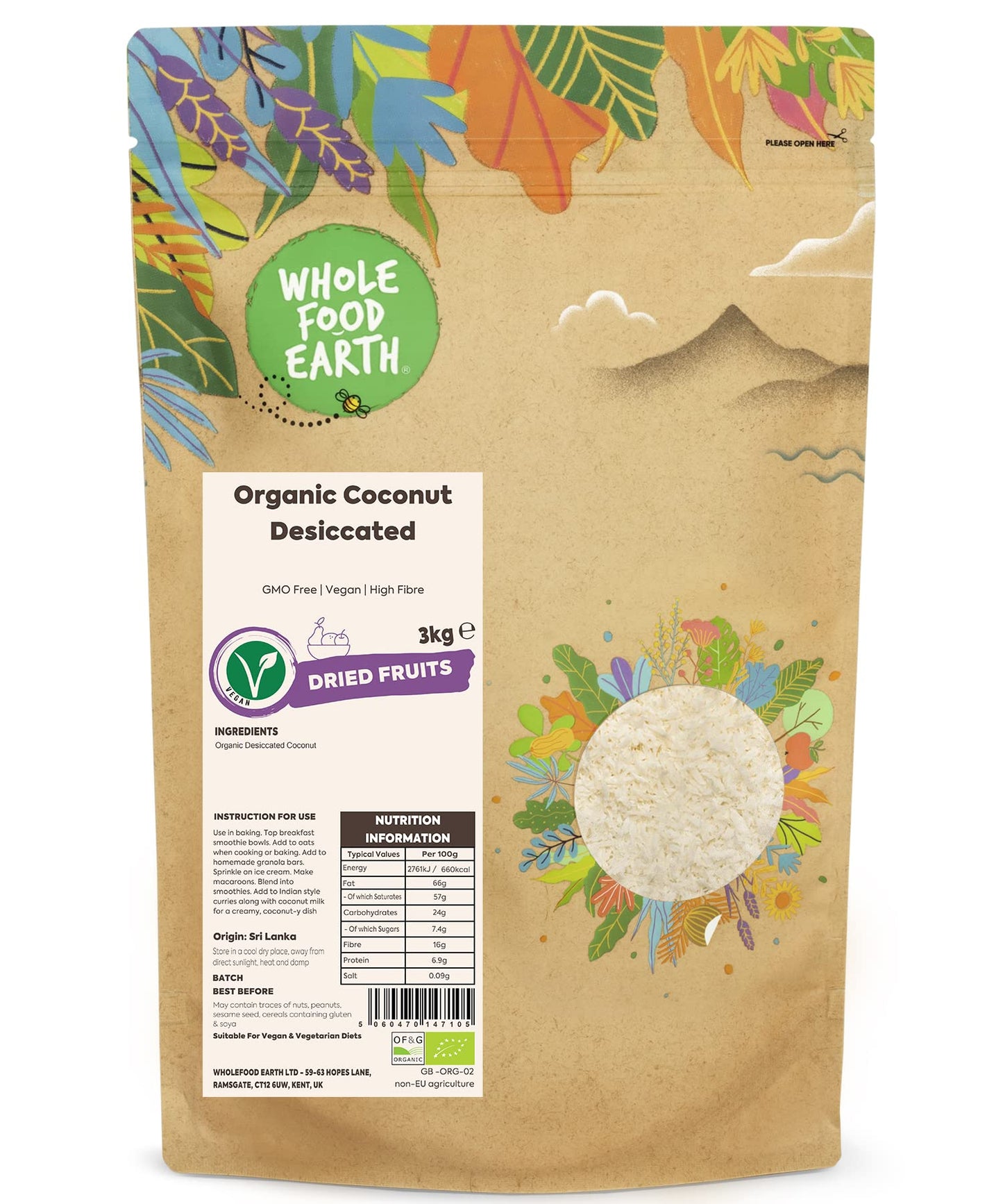 Wholefood Earth Organic Coconut Desiccated ? 3 kg | GMO Free | Vegan | High Fibre | Certified Organic