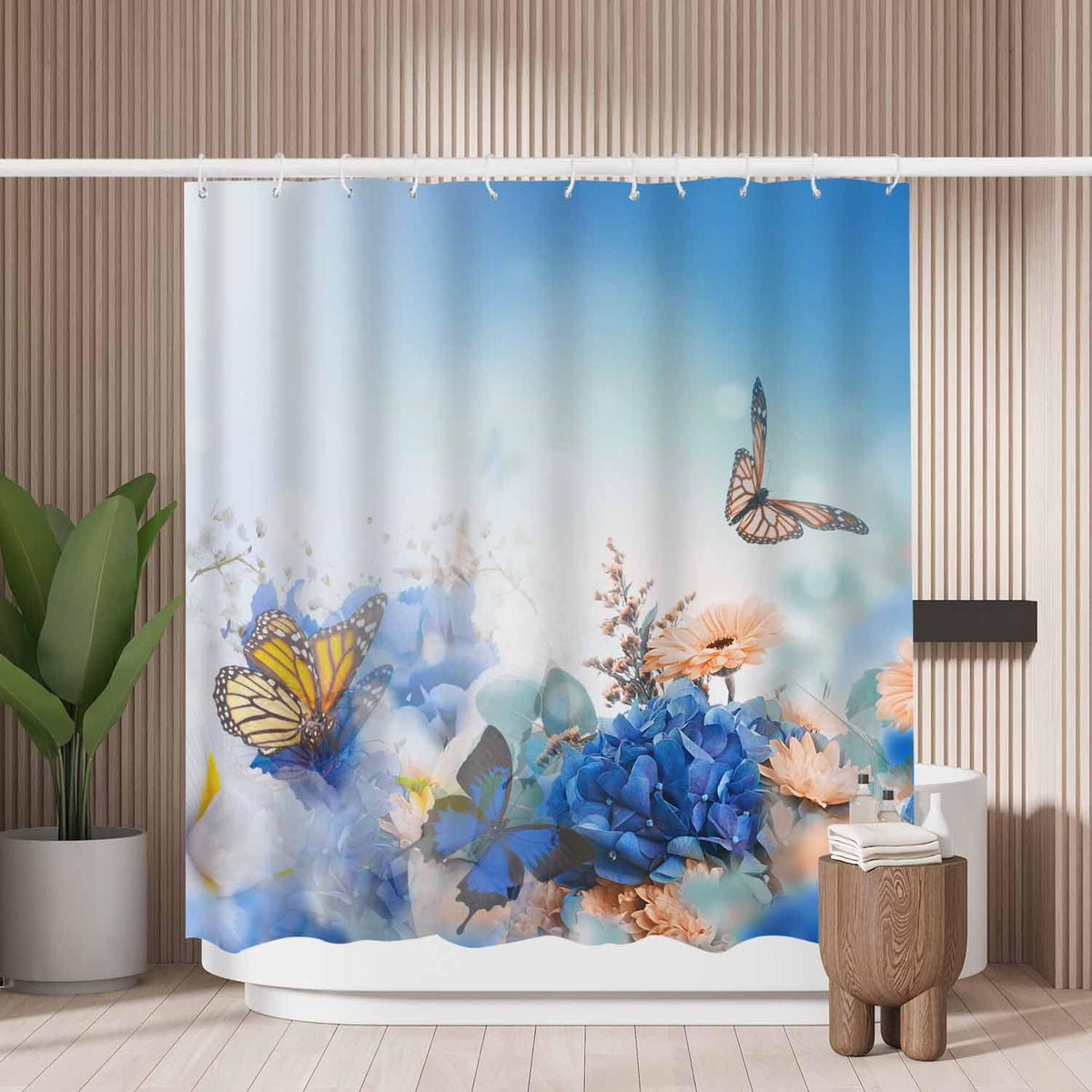 Woutay Shower Curtain Mould Proof Resistant Butterflies and Blue Hydrangeas Flowers,Water Repellant Fabric,Polyester,with 12 Plastic Hooks,Size