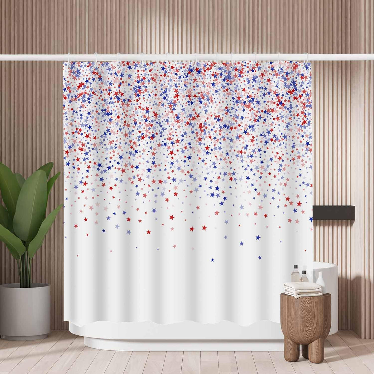 Woutay Shower Curtain Mould Proof Resistant Blue and Red Stars,Water Repellant Fabric,Polyester,Size 180x180CM