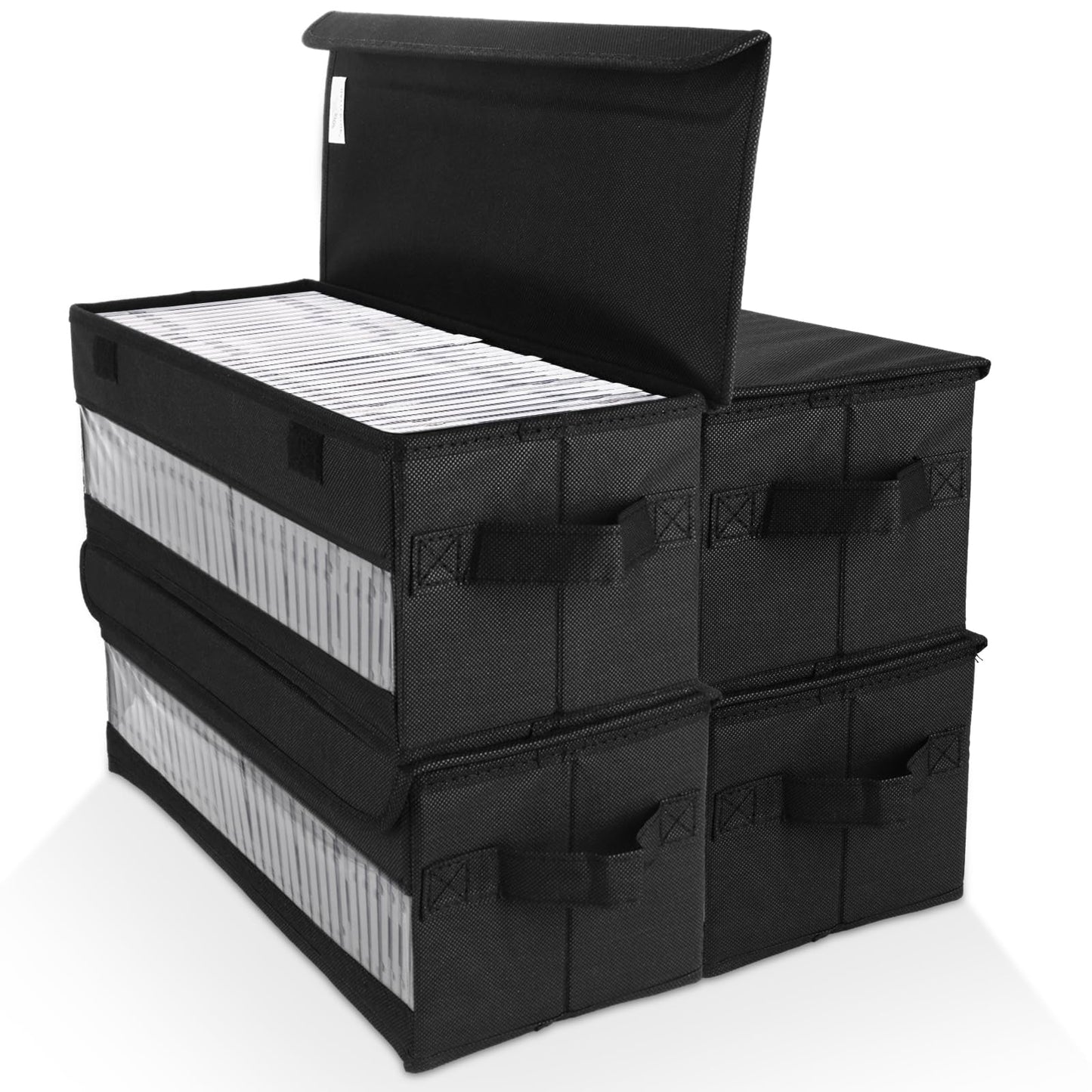 YOUNTHYE 4Pack CD Storage Boxes, Fabric Collapsible CD Storage Cases Black Stackable CD Organizer Box with Lids and Window, 14.4x6.3x5.7 inch