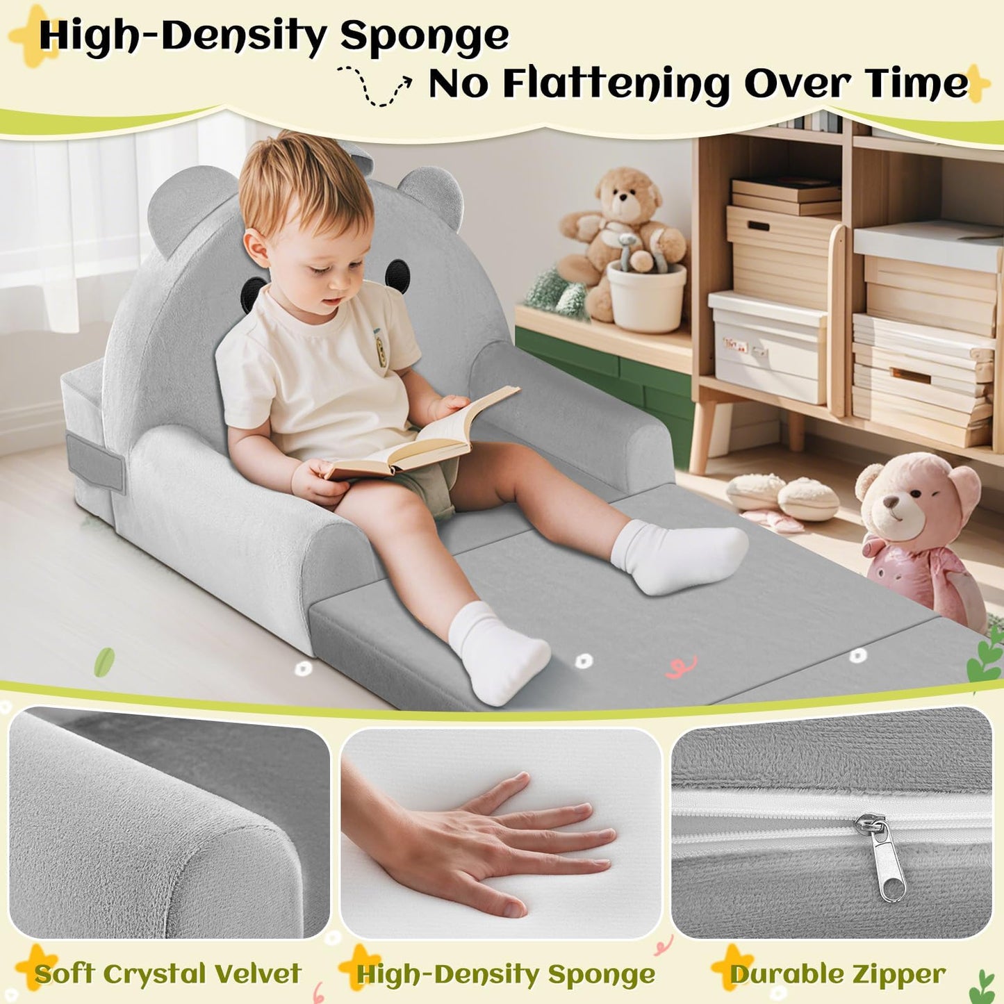 JUOIFIP Foldable Kids Sofa Bed, 2-in-1 Toddler Couch Chair, 150cm Soft Crystal Velvet Toddlers Sofa Bed for Bedroom Livingroom, Playroom