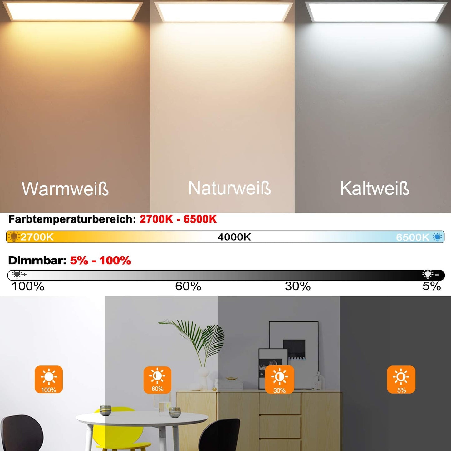 Aimosen Dimmable LED Ceiling Light Panel 100 x 25 cm, Rectangular, Warm White/Cold White, 28W, 2500 Lumens, Minimalist Style, Ideal for Living Room &
