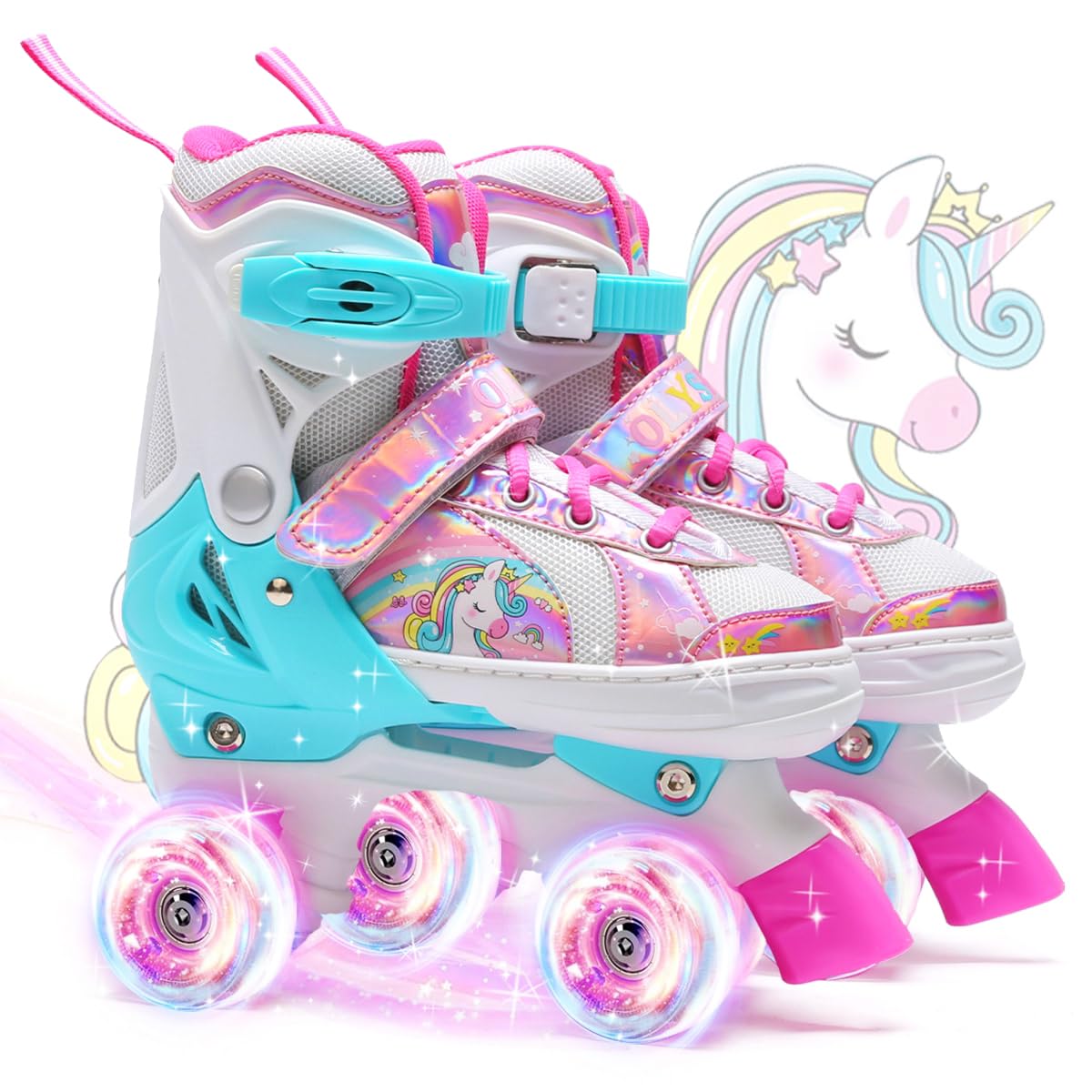 OLYSPM Kids Roller Skates,Roller Boots,4 Sizes Adjustable Quad Skates with 9 Flashing Wheels,Roller Skates for Girls,Boys and Beginner(Pink)