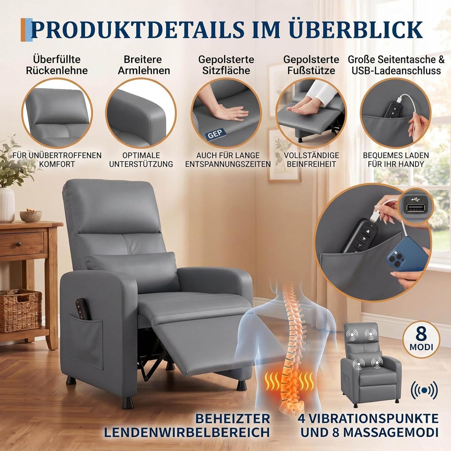 GarveeHome Power Recliner Chair with Heat and Massage, Grey