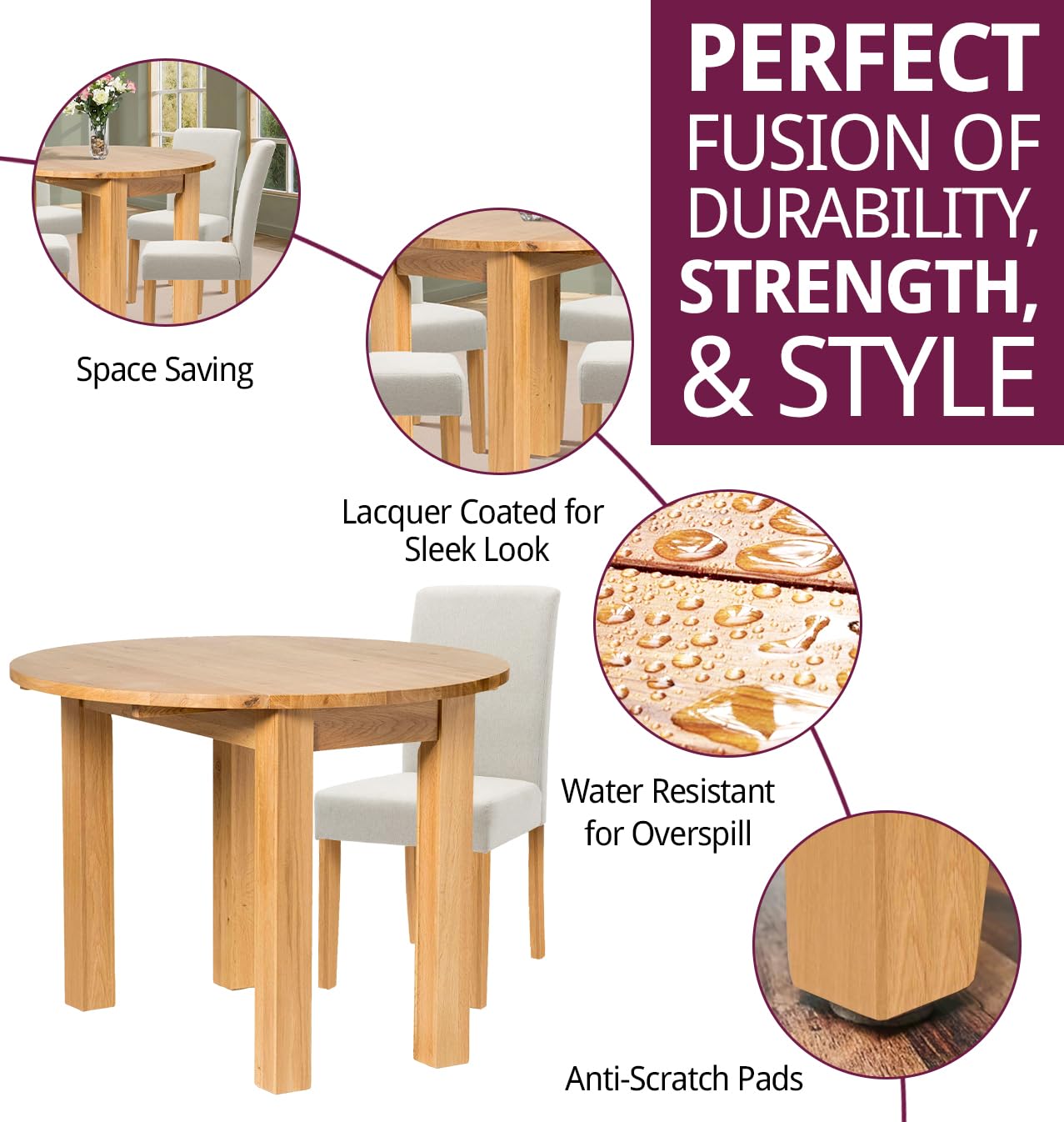 Hallowood Furniture Waverly Oak Round Folding Dining Table and Chairs Set 4