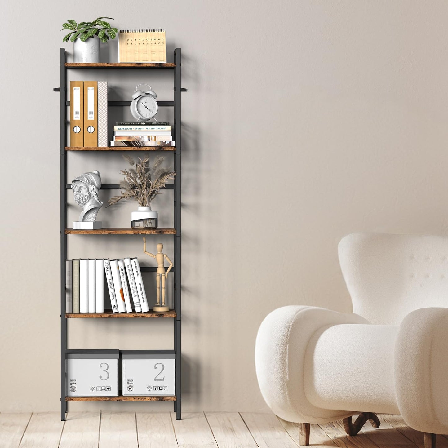 CADUKE 5 Tier Bookshelf, Rustic Brown and Black Storage Rack